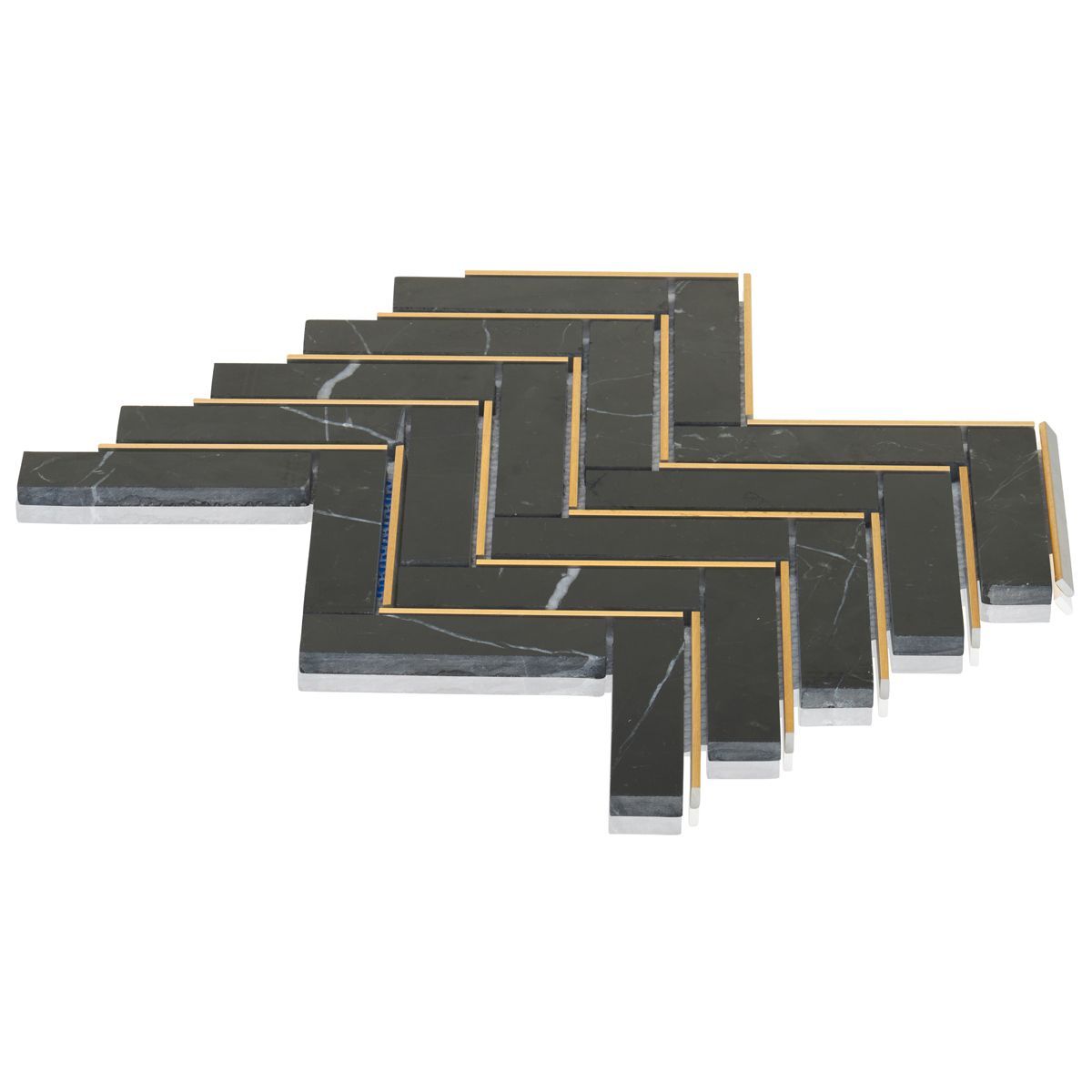 Marquina Black Marble Stone Gold Metal Inlay Herringbone Kitchen Tile Backsplash