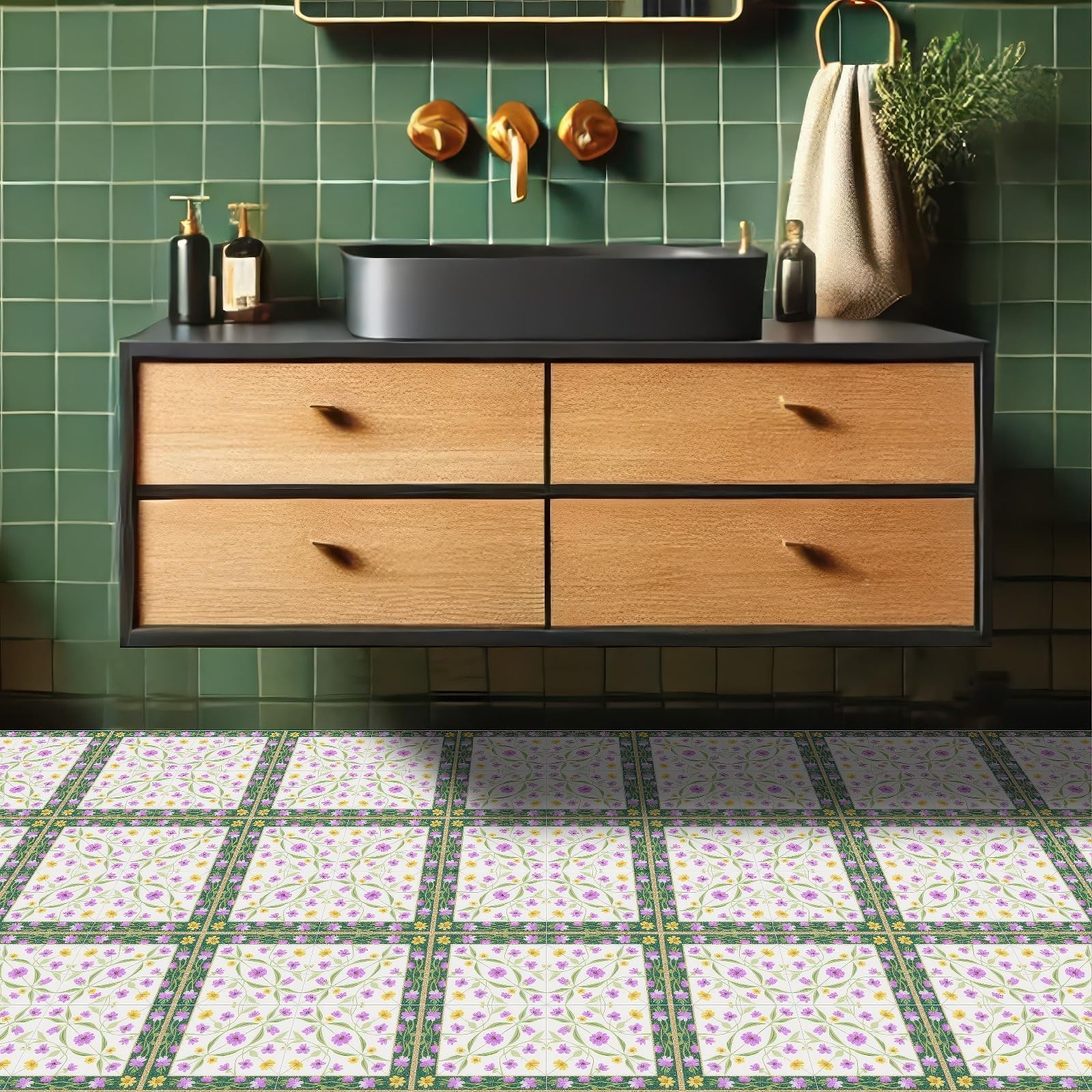 10PCS 12×12 Inch Floral Medallion Peel and Stick Floor Tiles, Removable Self …