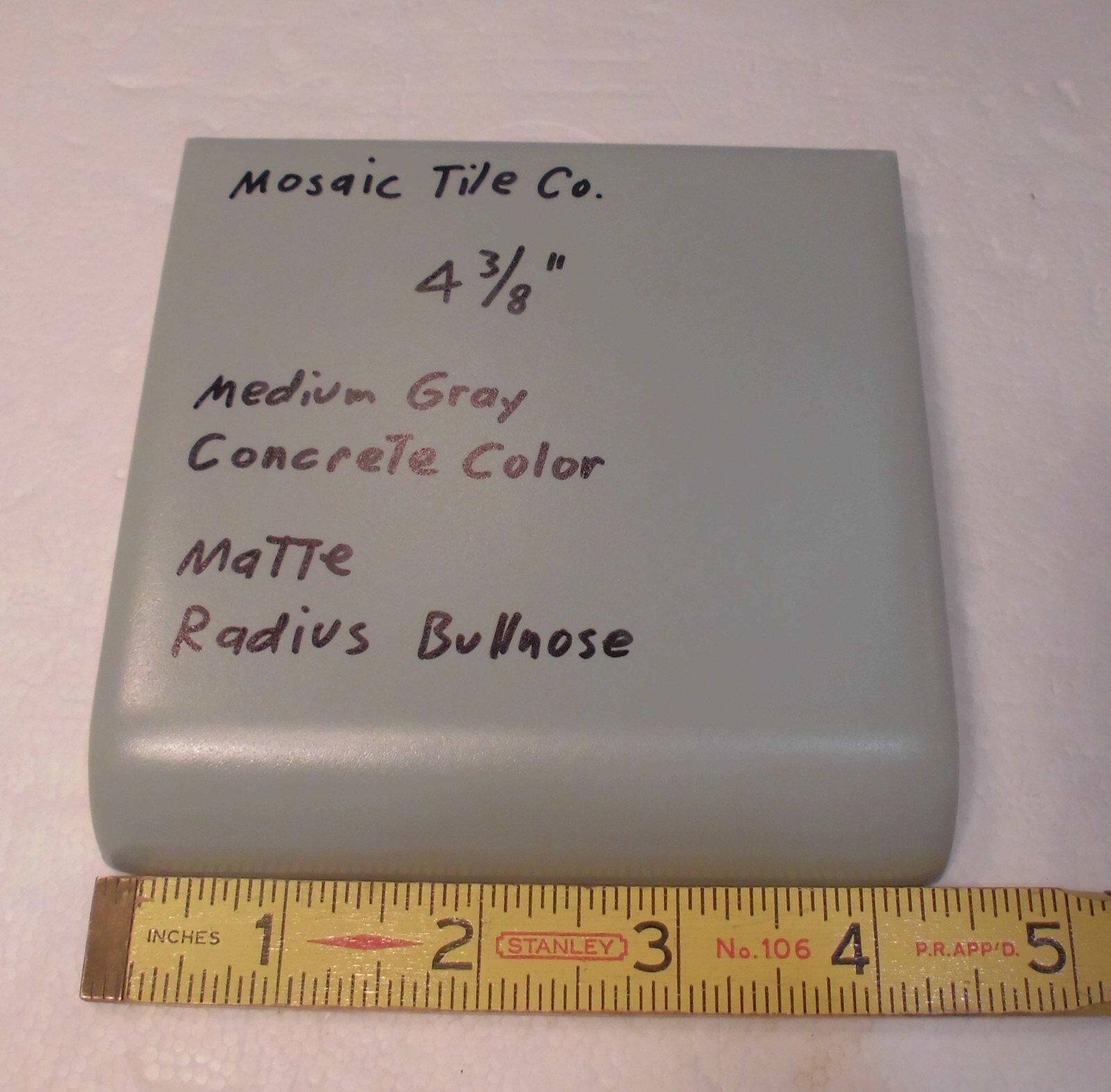 1 pc. Gray-Concrete Color: Matte Radius Bullnose Ceramic Tile 4-3/8″ Mosaic Co.