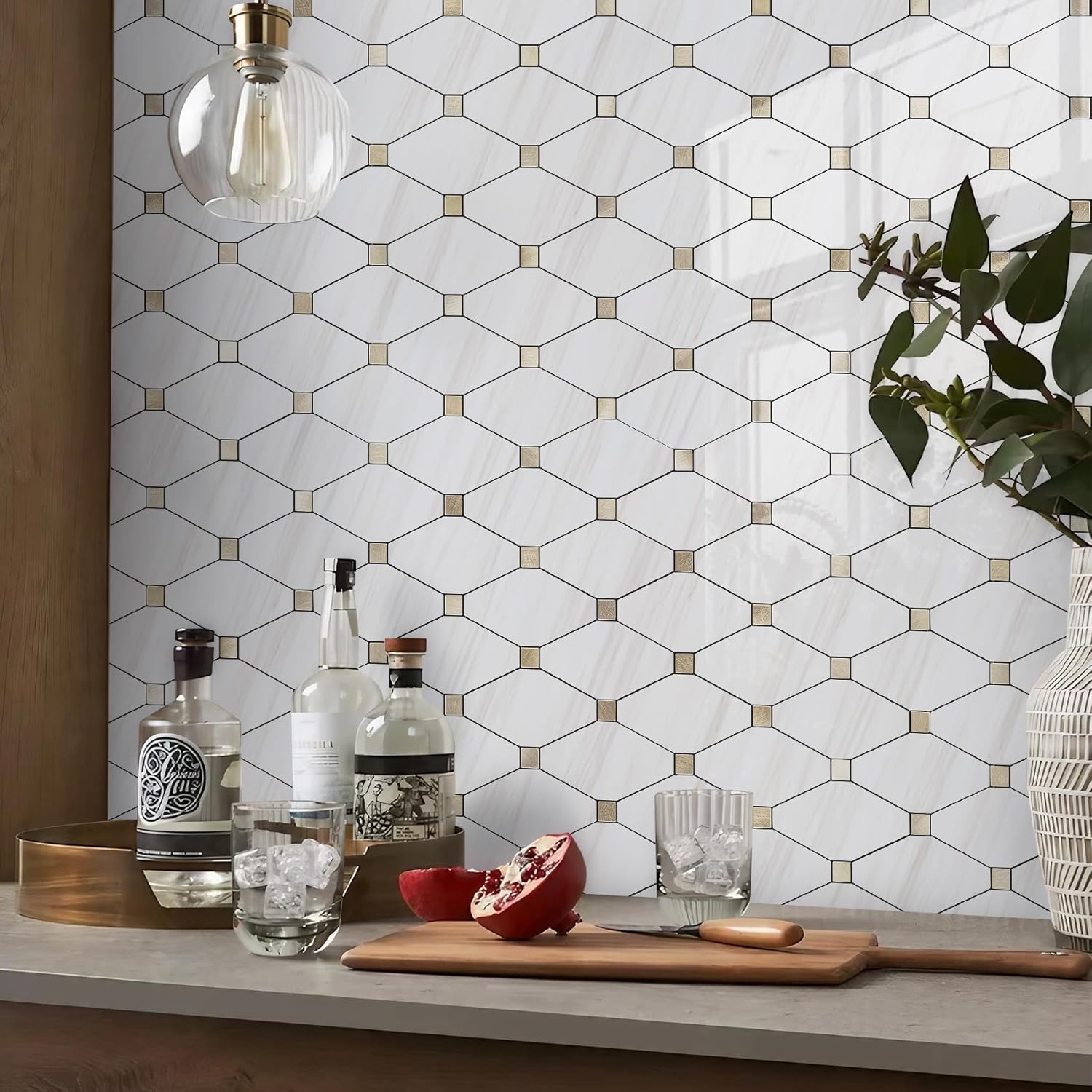 1 Sheet or10 Sheets Peel and Stick Backsplash, Polished Dolomite PVC Mixed Metal