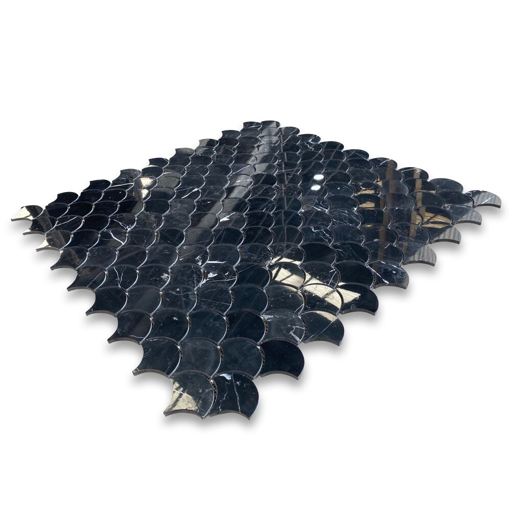 N993XP Nero Marquina Black Marble Fish Scale Fan Shape Mosaic Tile Polished