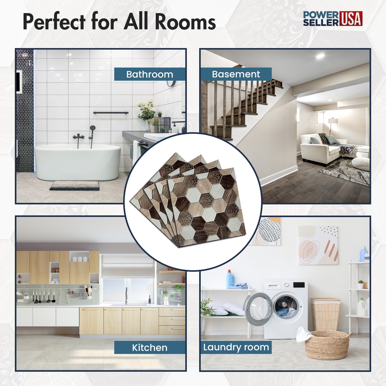 PowerSellerUSA Vinyl Self Adhesive Floor Tiles 20 PCS 12″ x 12″, Rustic Hexagon