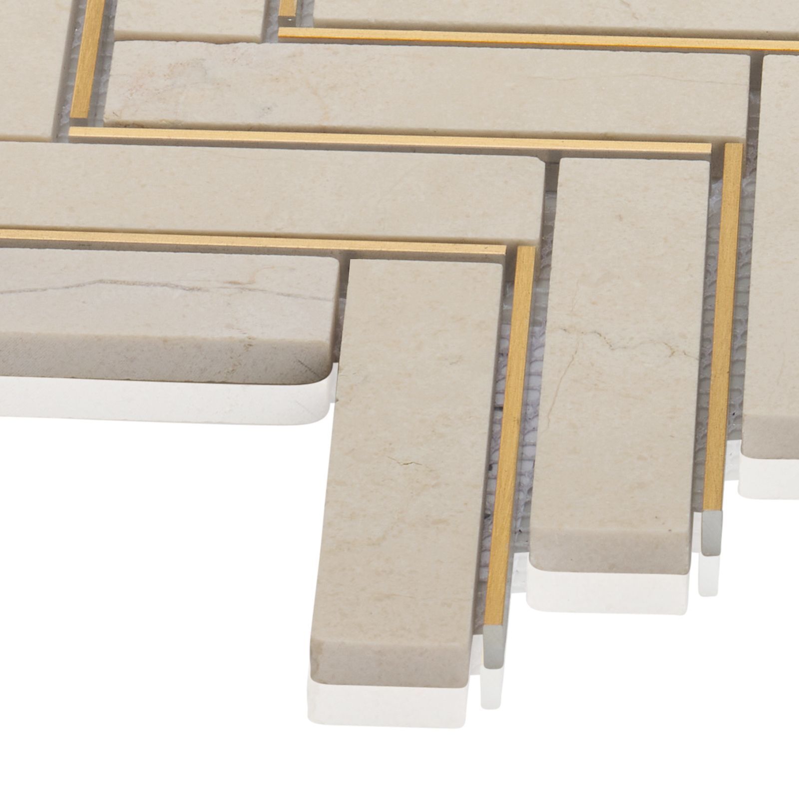 Travertine Marble Stone Gold Metal Inlay Herringbone Kitchen Tile Backsplash