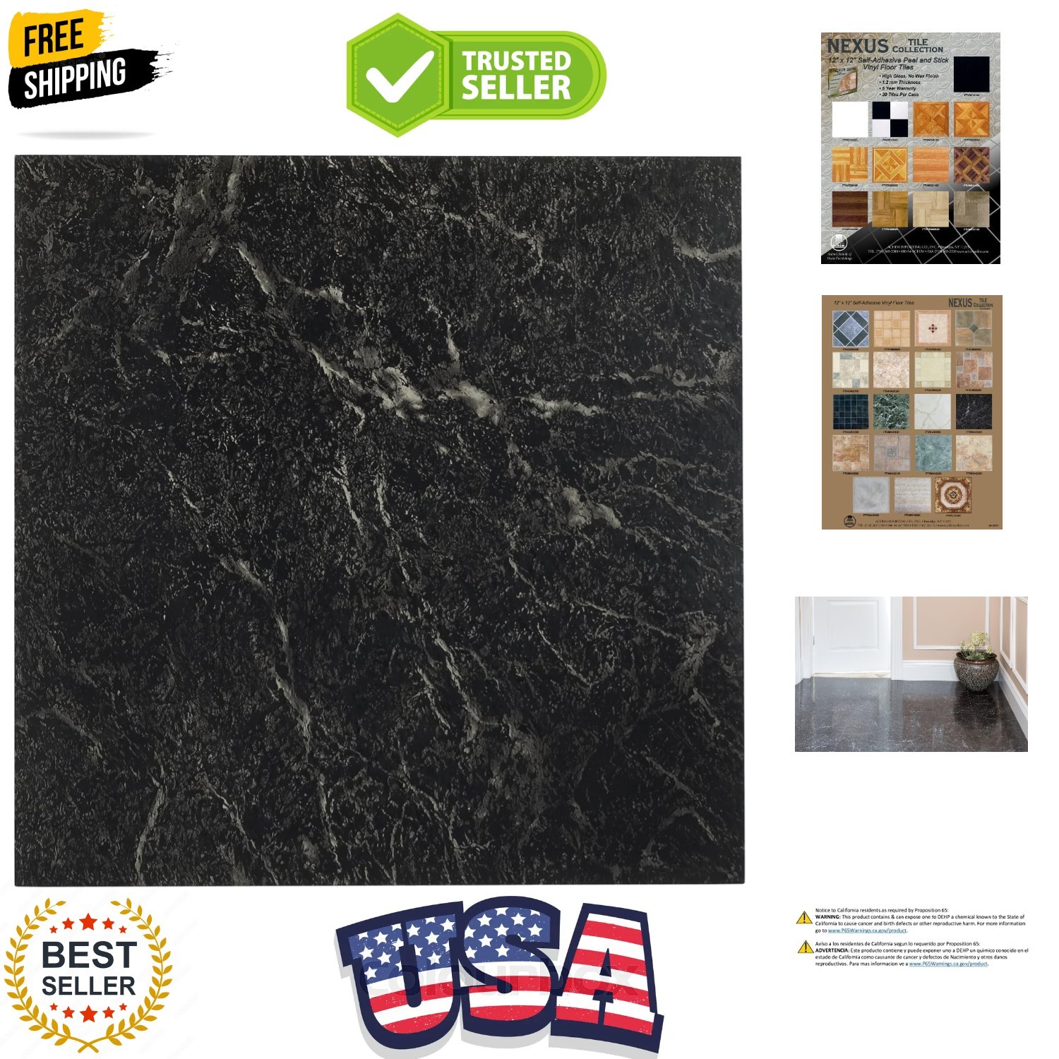 Nexus Self Adhesive 12-Inch Vinyl Floor Tiles, 20 Tiles – 12″ x 12″, Black w/…