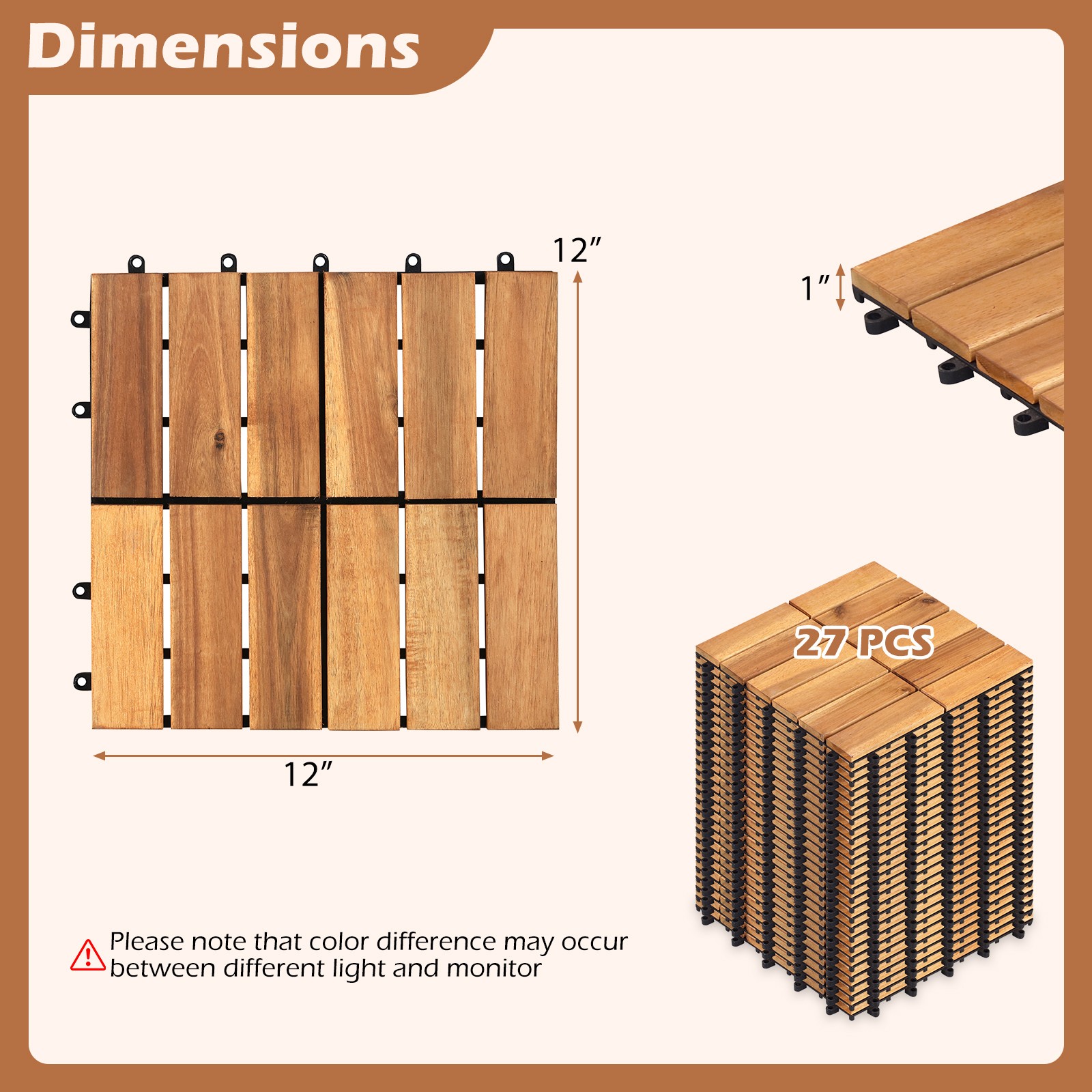 12″ x 12 Acacia Wood Interlocking Deck Tiles 27 PCS Waterproof Flooring Tiles