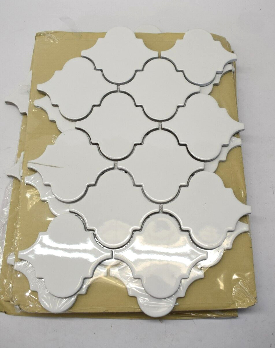 Lot of 5 Whisper White Arabesque Glazed Ceramic Mesh Mounted Mosaic Wall Tiles