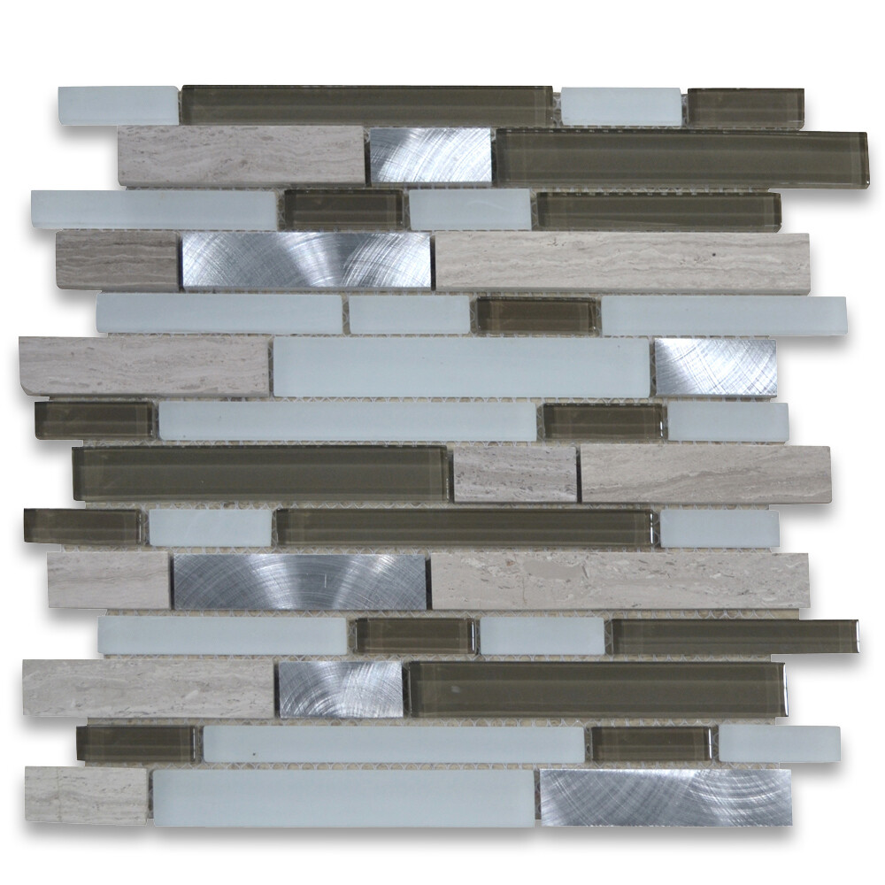 A78005 Glass Mosaic Tile Ash Brown White Grey Wood Grain Marble Aluminum