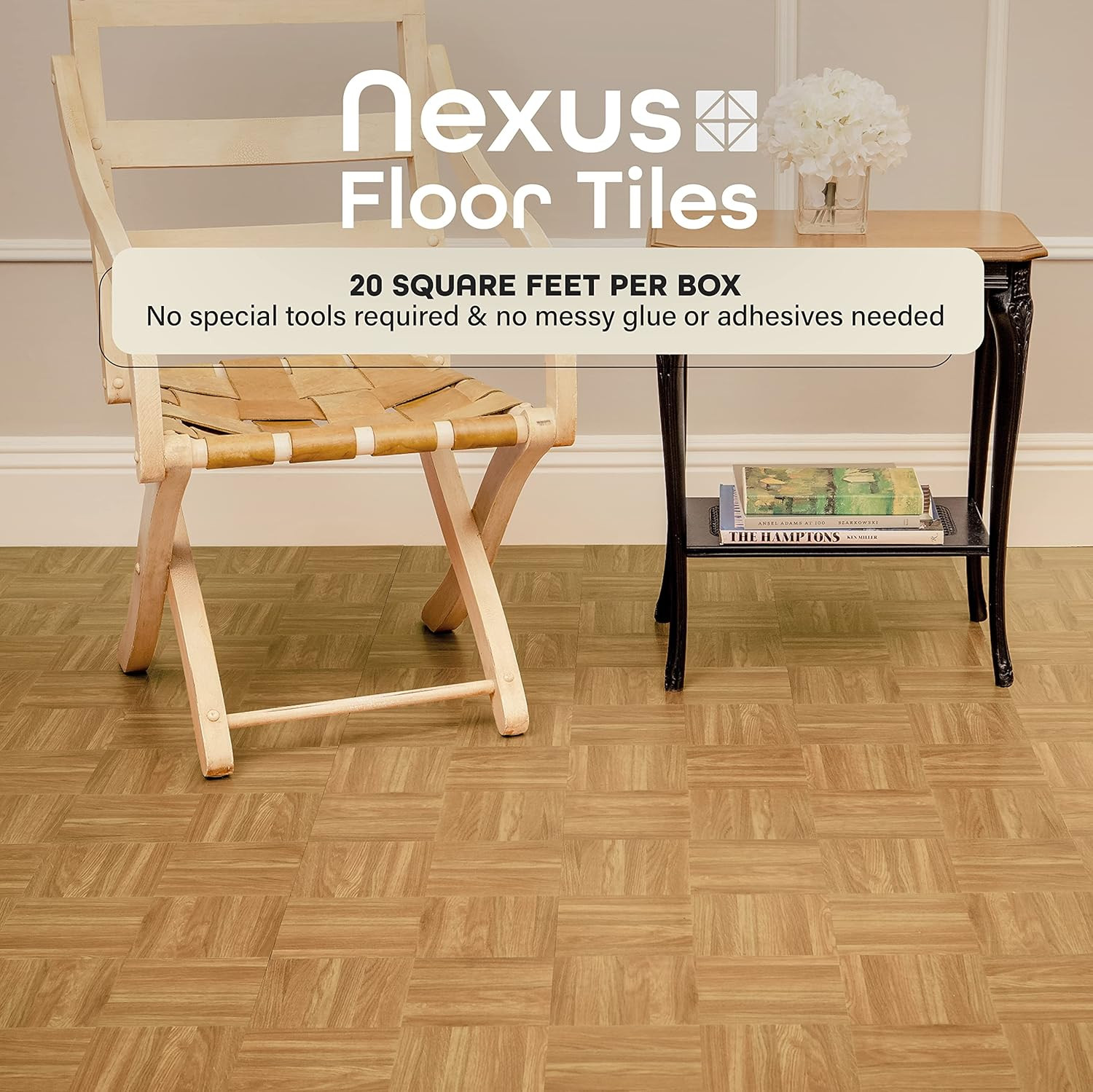 Nexus Self Adhesive 12-Inch Vinyl Floor Tiles, 20 Tiles – 12″ x 12″, Oak Parquet