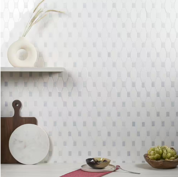 Diapson White Thassos and Blue Celeste 9.75 in. x 10 in. Marble Mosaic Tile