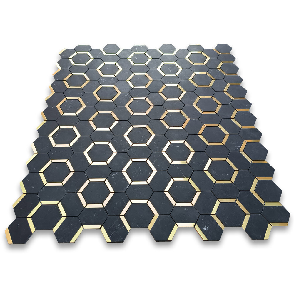 N338XH Nero Marquina Black Marble 3 inch Hexagon Mosaic Tile Honed