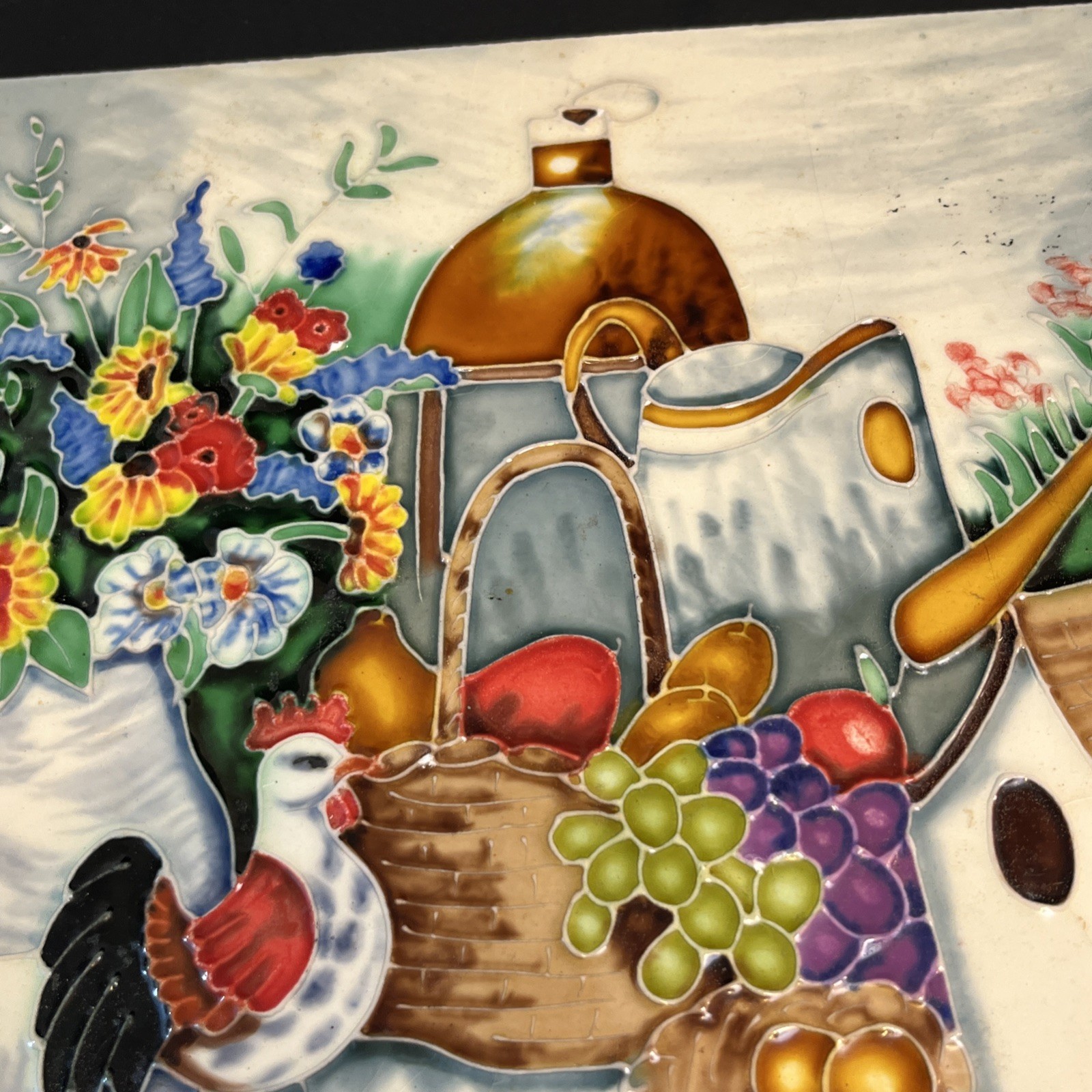 Vtg Farmhouse Kitchen Wall Hanging Garden Table Chicken 12″ Floral Ceramic Tile