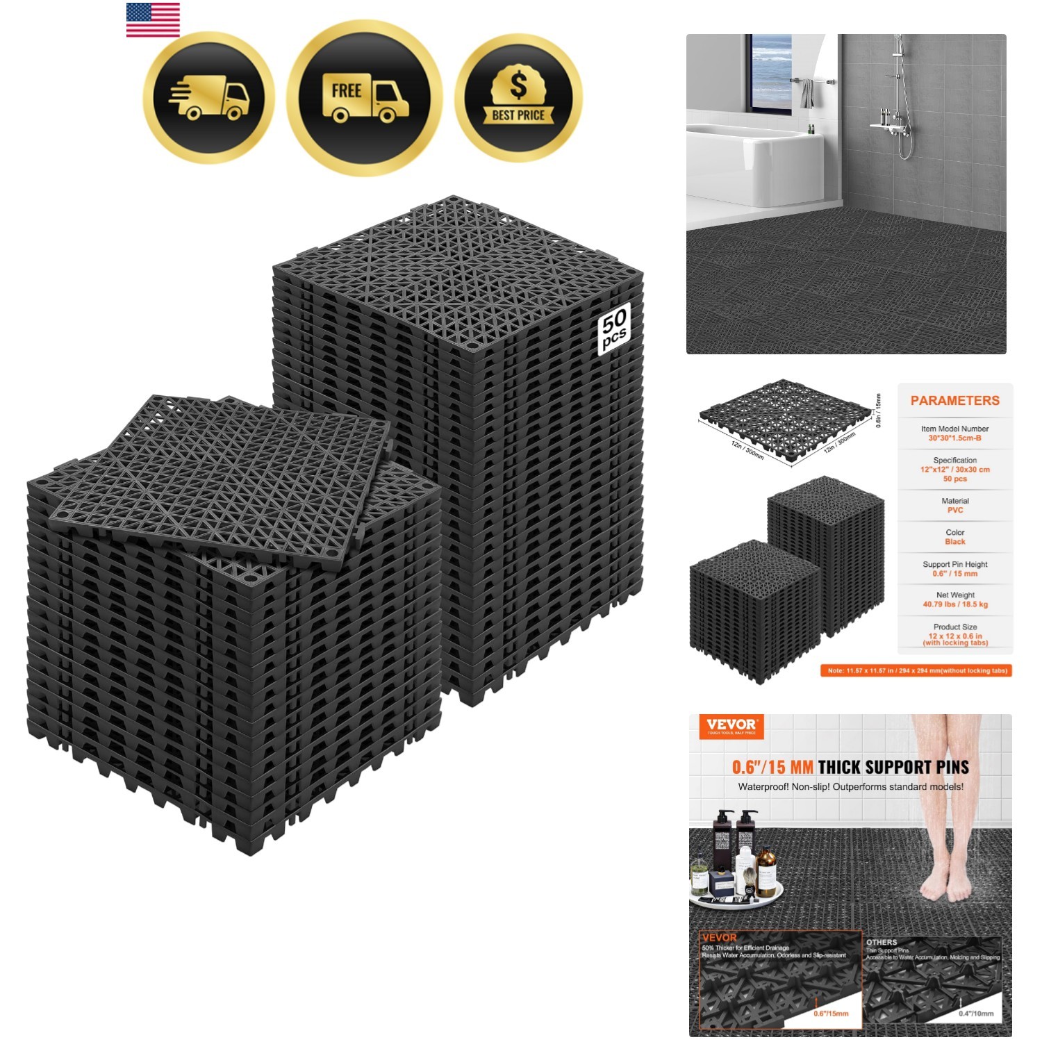 Interlocking Tile 50PCS Black, Drainage Tiles 12″ x 12″ Splicing, Soft PVC In…