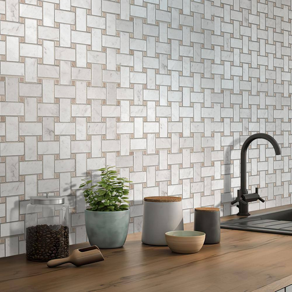 White 12 In. X 12 In. Basketweave Polished Eastern Beige Bianco Carrara Marble M