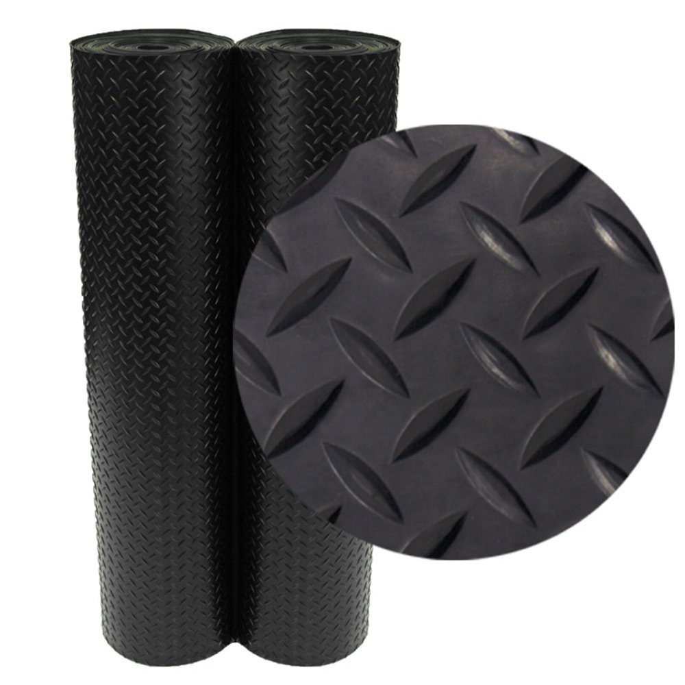 3mm Diamond-Plate Rubber Flooring Rolls 4ft x 7ft Black Non-Slip Commercial