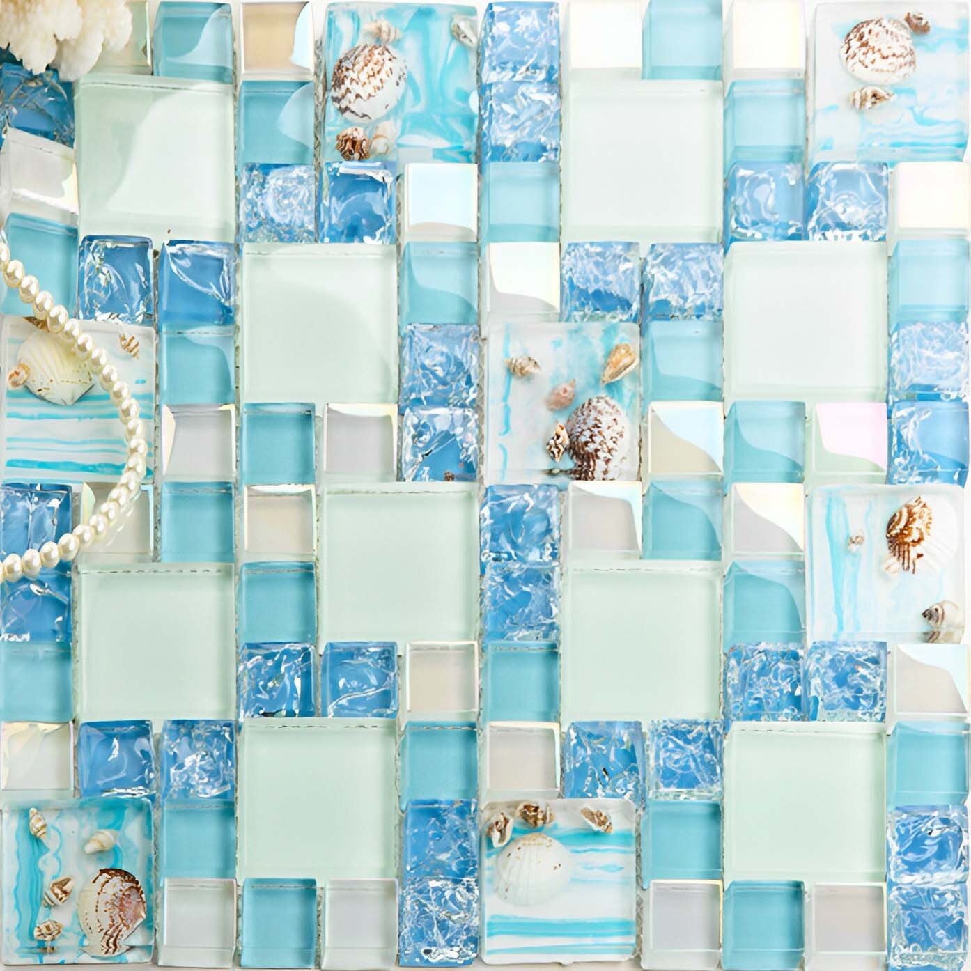Glossy Glass Tile Crackle Mosaic Wall Tiles Blue Sky Coastal Kitchen Backsplash
