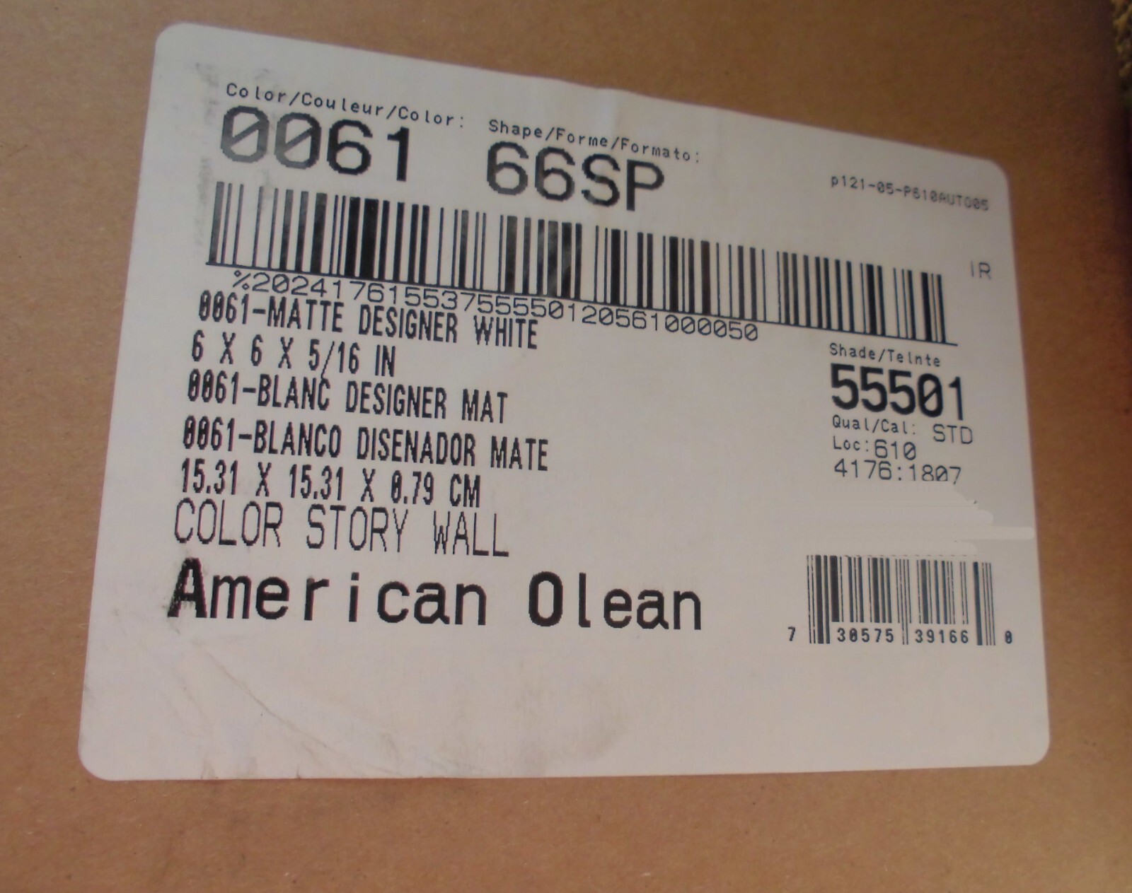 1 pc. *Matte Designer White* #61 by American Olean 6″ X 6″ Ceramic Tile: NEW