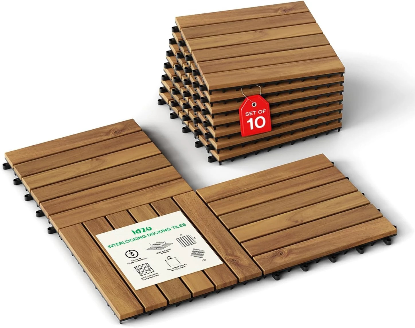 Idzo Interlocking Deck Tiles 9.6 SQFT – 10PCS Waterproof Acacia Wood Golden