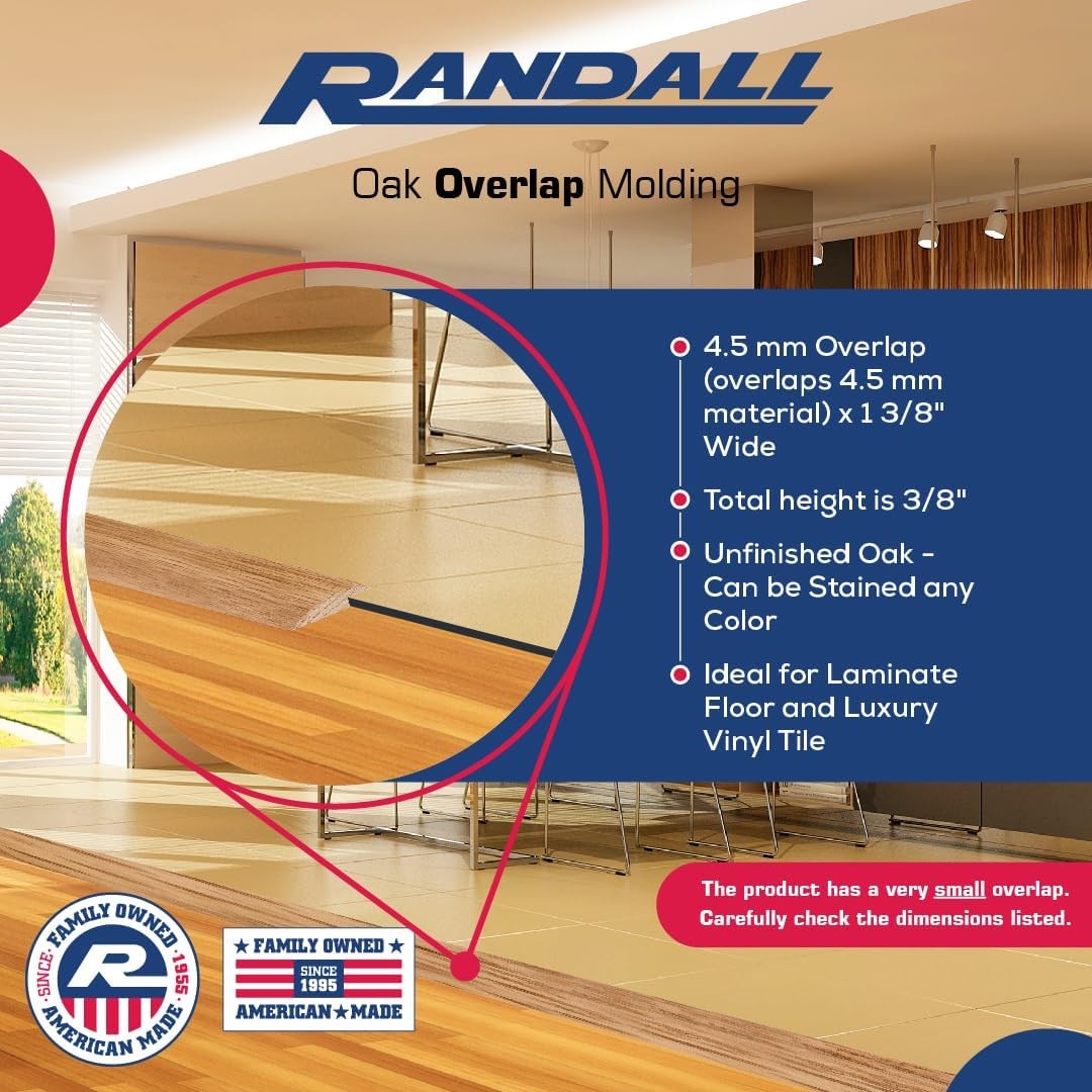 3 FT Oak Overlap Edging – Unfinished 1 3/8″ Wide Solid Oak Transition Strip for