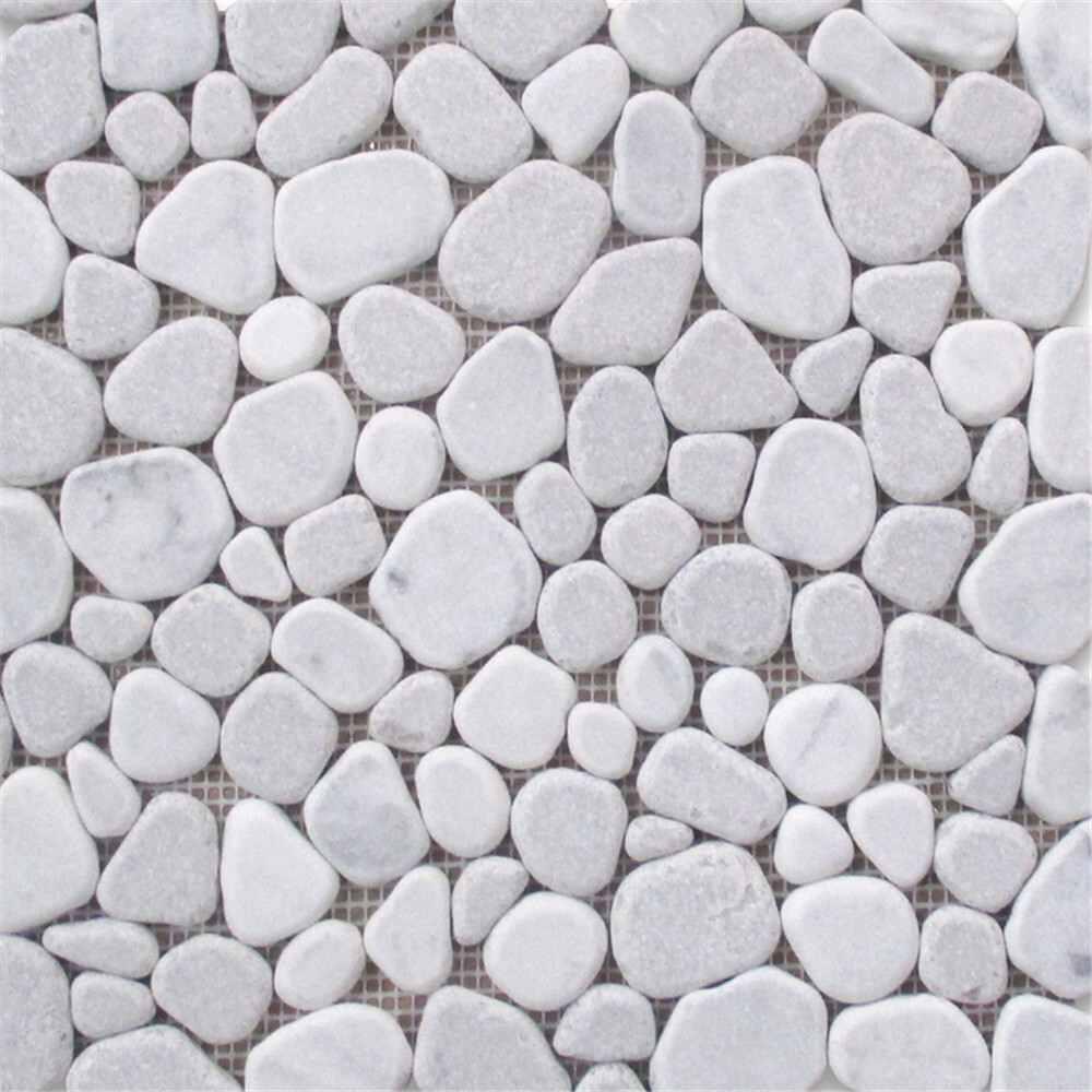 P64T Non Slip Shower Floor Tile Tumbled Carrara Grey Marble Pebble Mosaic