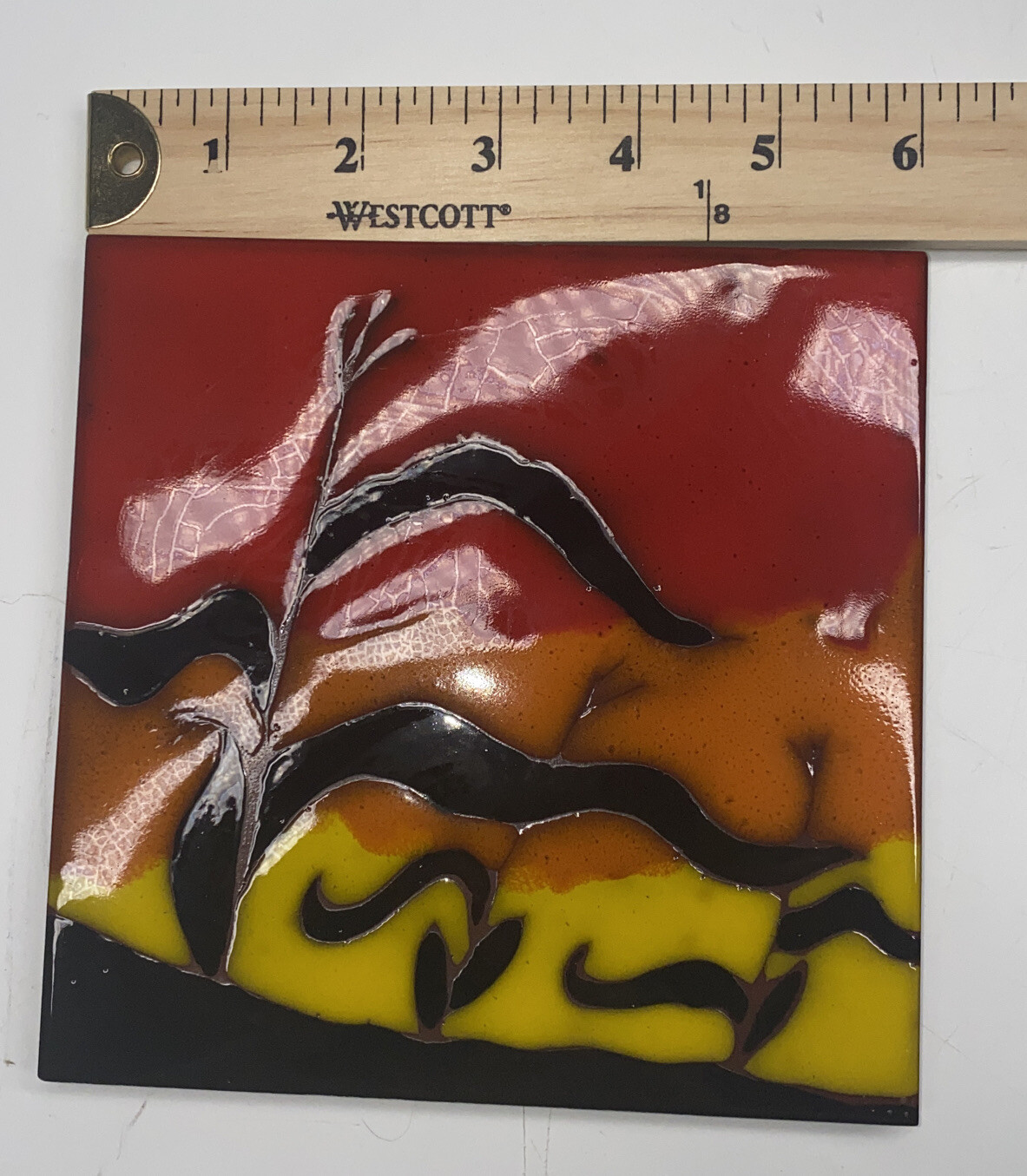 Vtg Judy Sutcliffe Hand Painted Ceramic Tile “Corn Field on Farm” Colorful