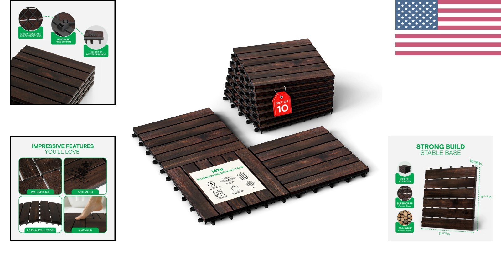 10 PCS Interlocking Deck Tiles – Waterproof Acacia Wood for Indoor & Outdoor Use