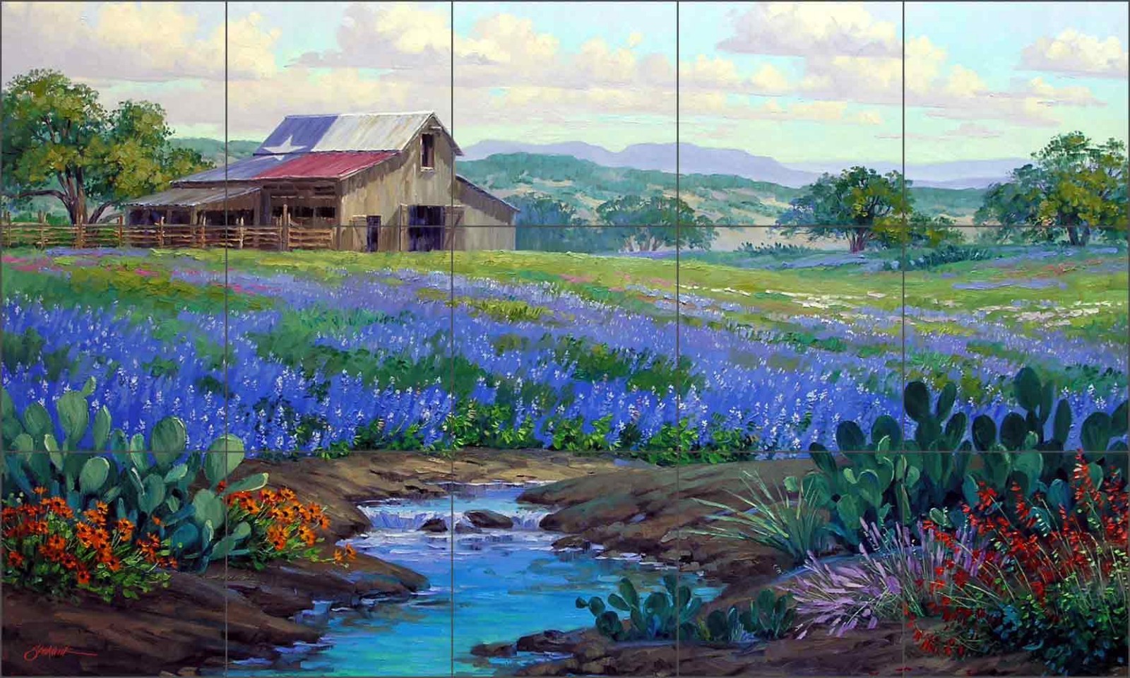 Texas Landscape Tile Backsplash Senkarik Ceramic Barn Art Mural MSA152