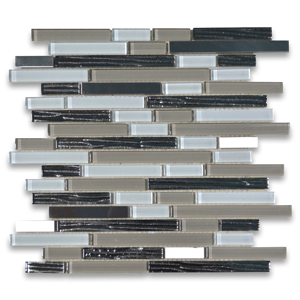 A77007 Glass Mosaic Tile Beige White Glass Electroplate Black Stainless Steel