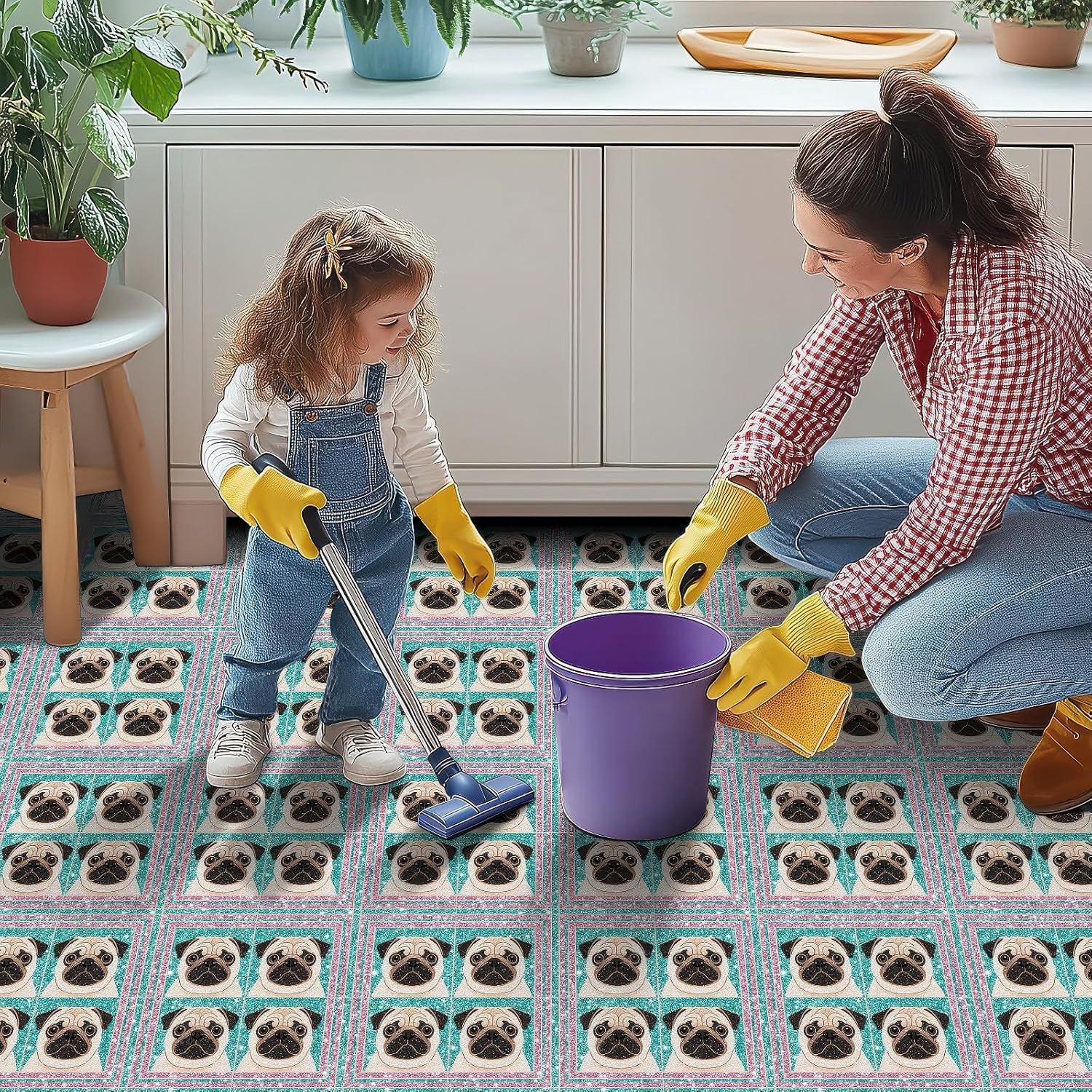 HOMETITUTE 10PCS 12X12 Inch Pug Dog Cartoon Face Pattern Floor Tiles Peel and S