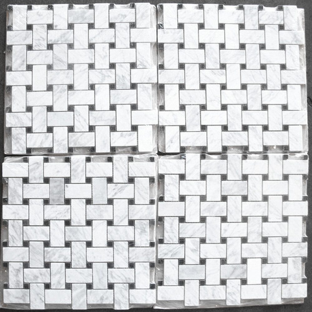 C651XP Carrara Marble Basketweave Mosaic Tile Carrera Black Dots Polished 1×2