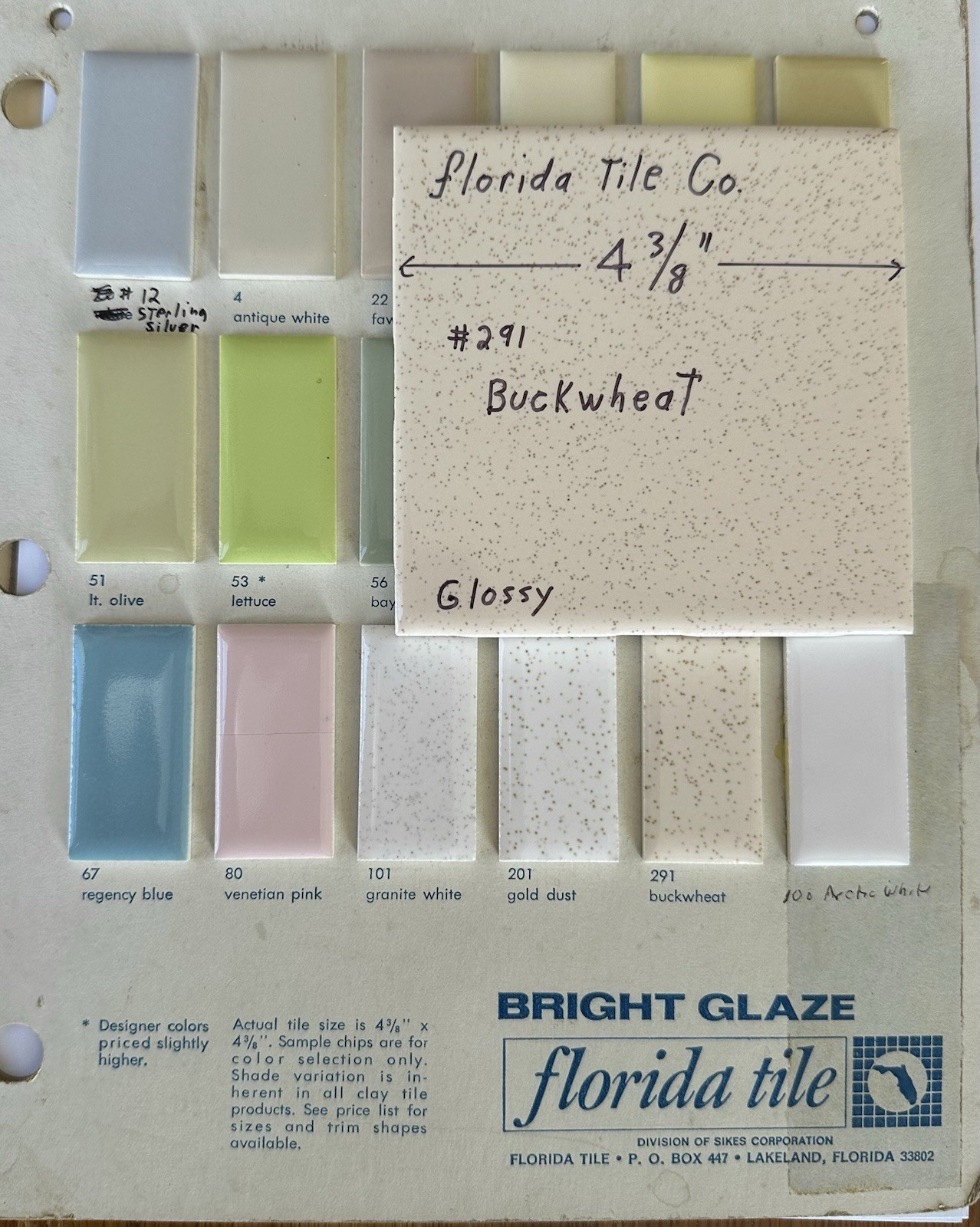 1 pc. Buckwheat 4-3/8″ Glossy Ceramic Tile by Florida Tile Co. NOS, Speckled