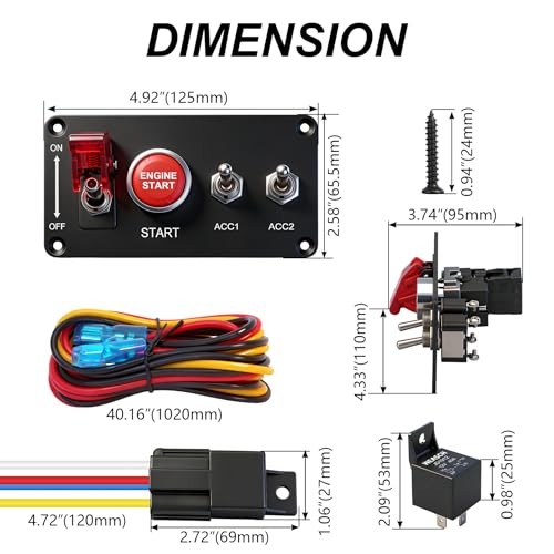 12V Ignition Switch Panel, 4 in 1 with Engine Push Button Toggle Switches,