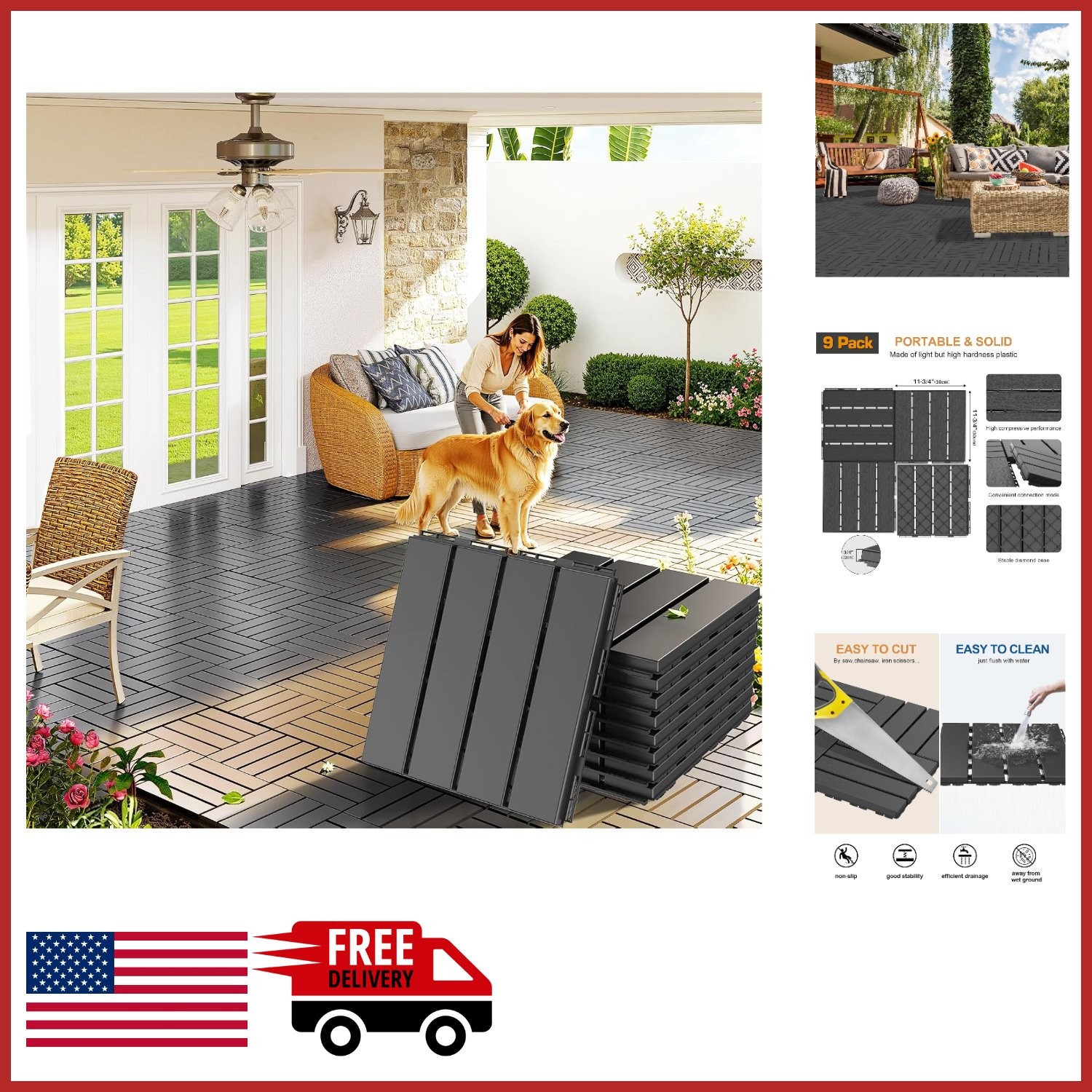 Outdoor Flooring Tiles 12×12 Dark Grey Interlocking Deck for Patio Poolside