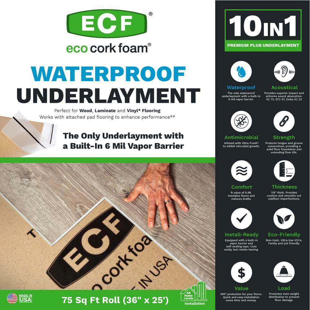 Eco Cork Foam Underlayment Tan Waterproof Attached Vapor Barrier Antimicrobial