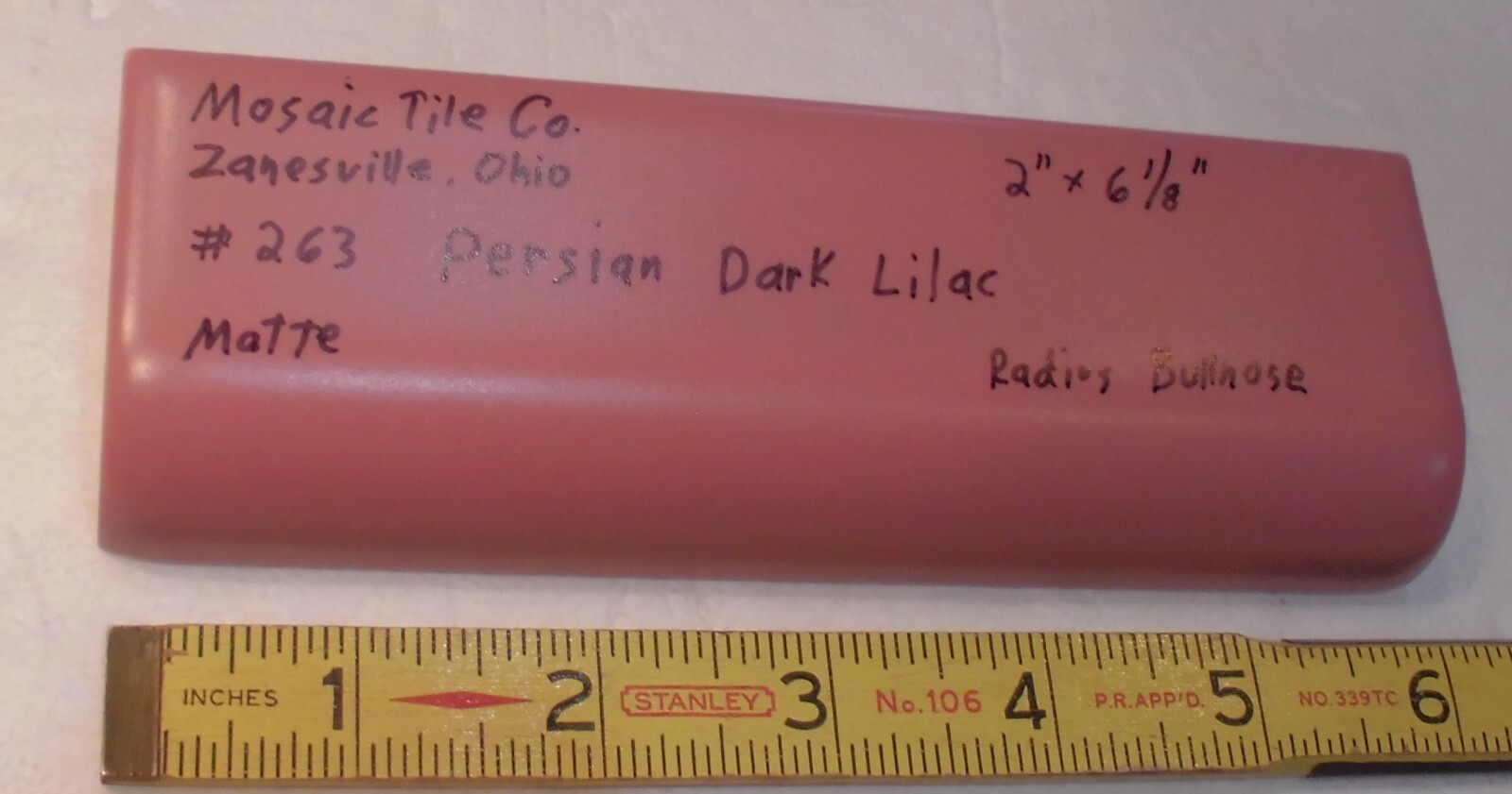 1 pc. *Dark Lilac* Matte Ceramic Radius Bullnose Cap Tile by The Mosaic Co.