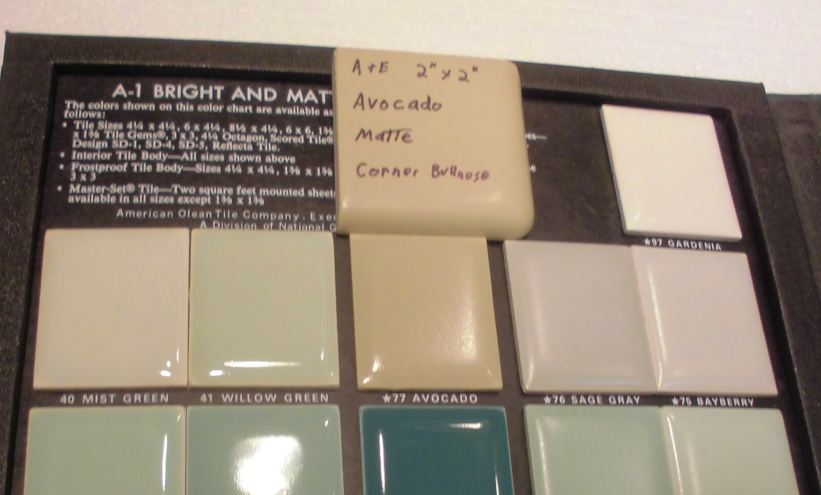 1 pc. Avocado Green 2″ X 2″ X 5/16″ Ceramic Surface Bullnose Corner Tile; Matte