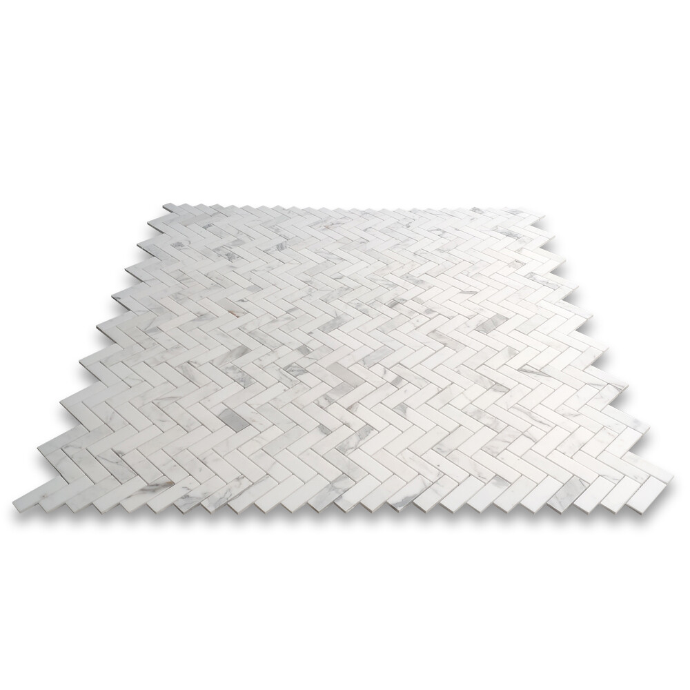 L72XH Statuary White Statuario Marble 1×3 Herringbone Mosaic Tile Honed