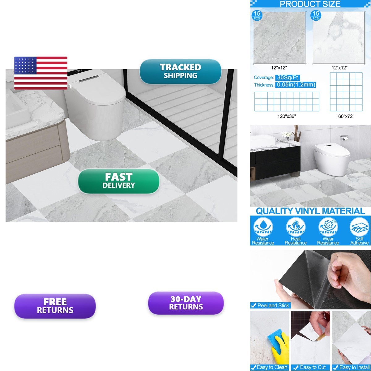 Tottist 30-Pack 12×12 Inch Vinyl Floor Tiles Grey/Beige Marble 30 Sq Ft