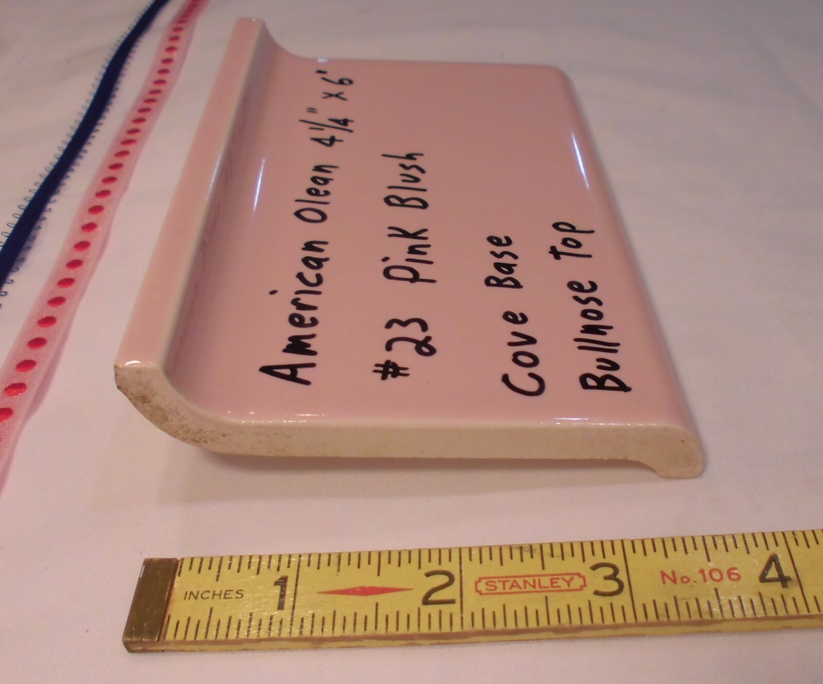 1 pc. Pink Blush #23 Bullnose Top; base/cove Ceramic Tile; 6″ American Olean