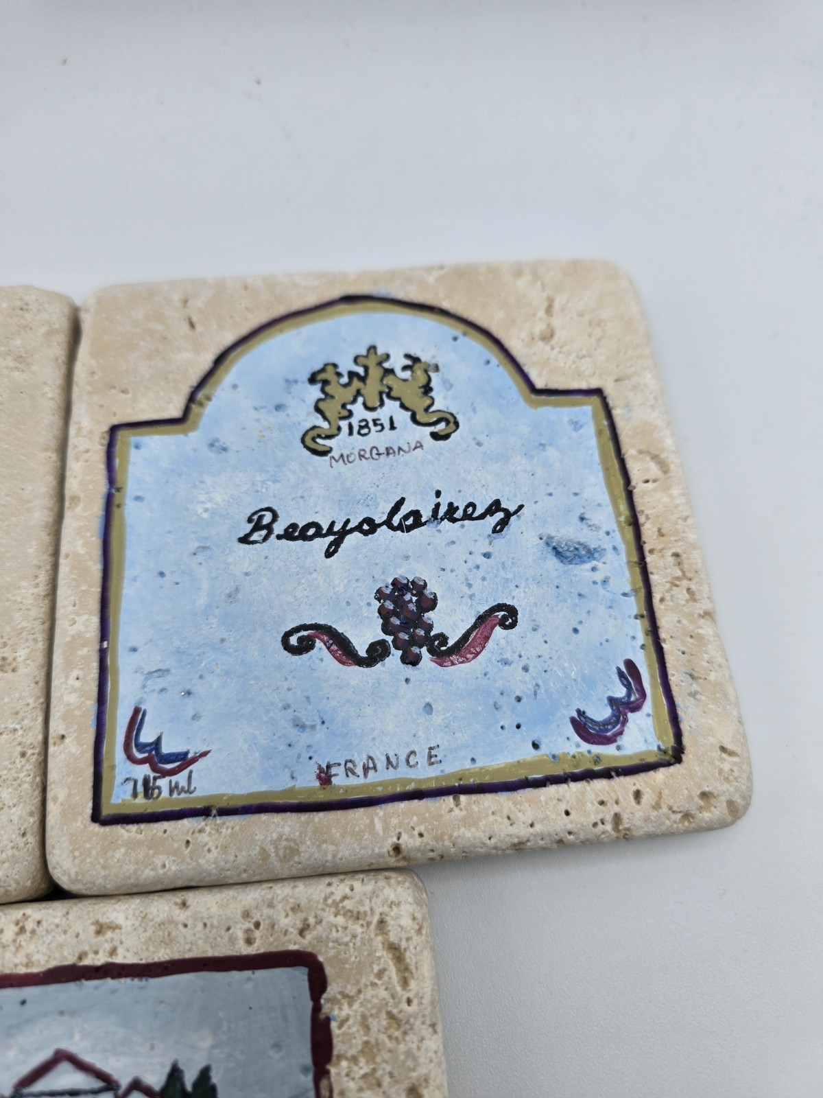 Coaster Tile Set Of 3 Wine Vino Label Hand Painted Chiaro Natural Stone Vintage