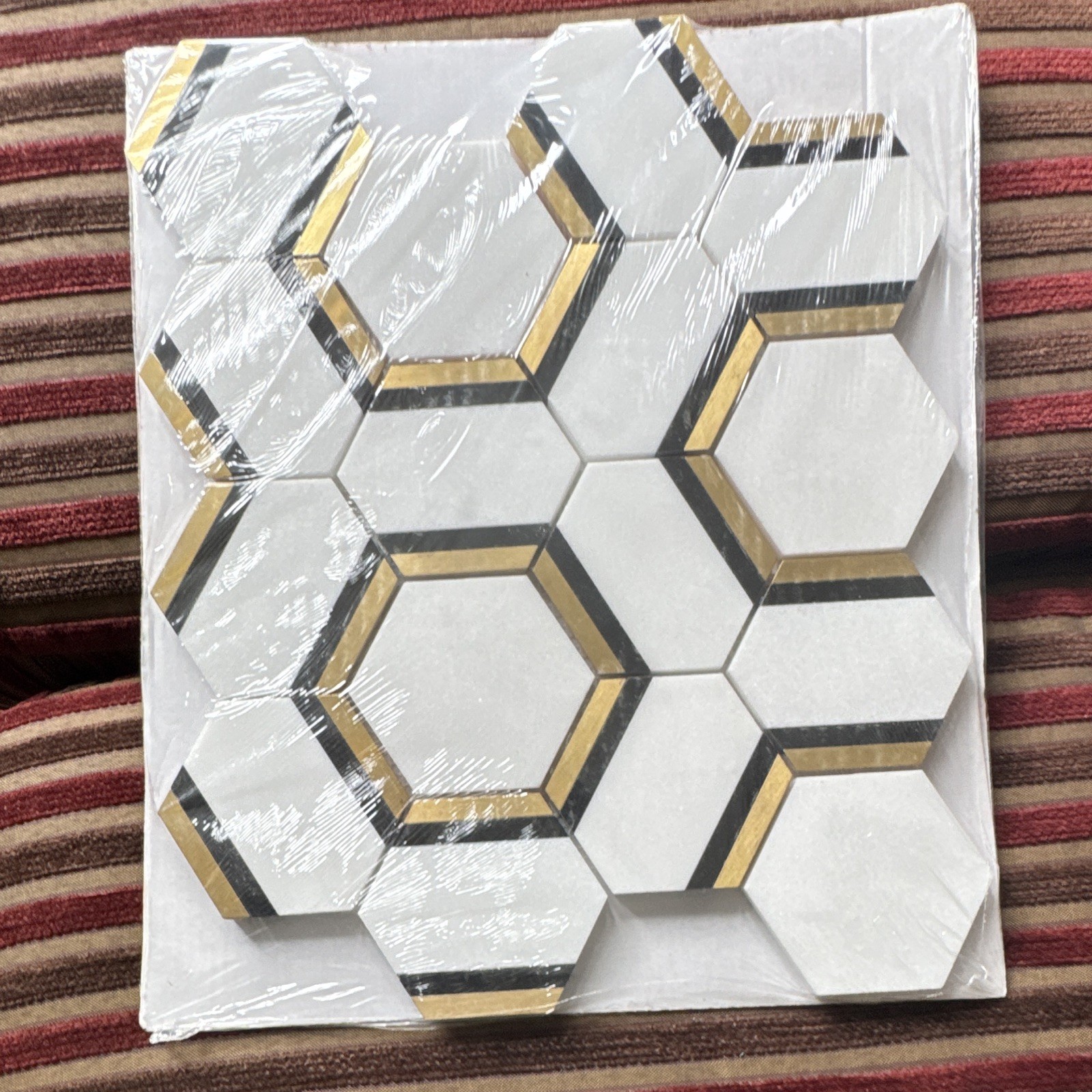White/Gold/Black Hexagon Geo Marble Tile. 10.51”x12 .876 Sqft Bath/Kitchen /pc