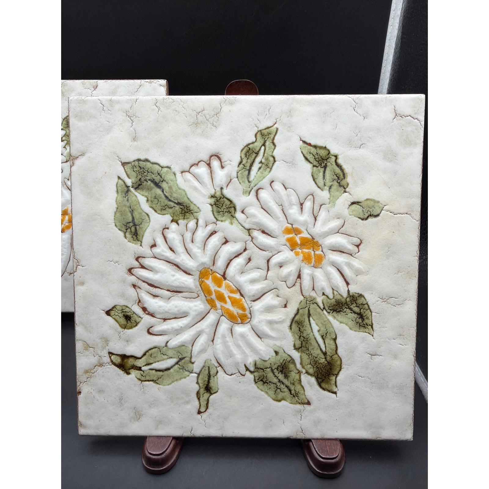 Set of 3 Vintage Hand Painted Italian Ceramic Art Tiles 8×8 White Daisy Floral
