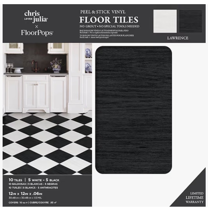 FloorPops 10ct 12″x12″ Peel and Stick Floor Tiles Black/White: Water-Resistant
