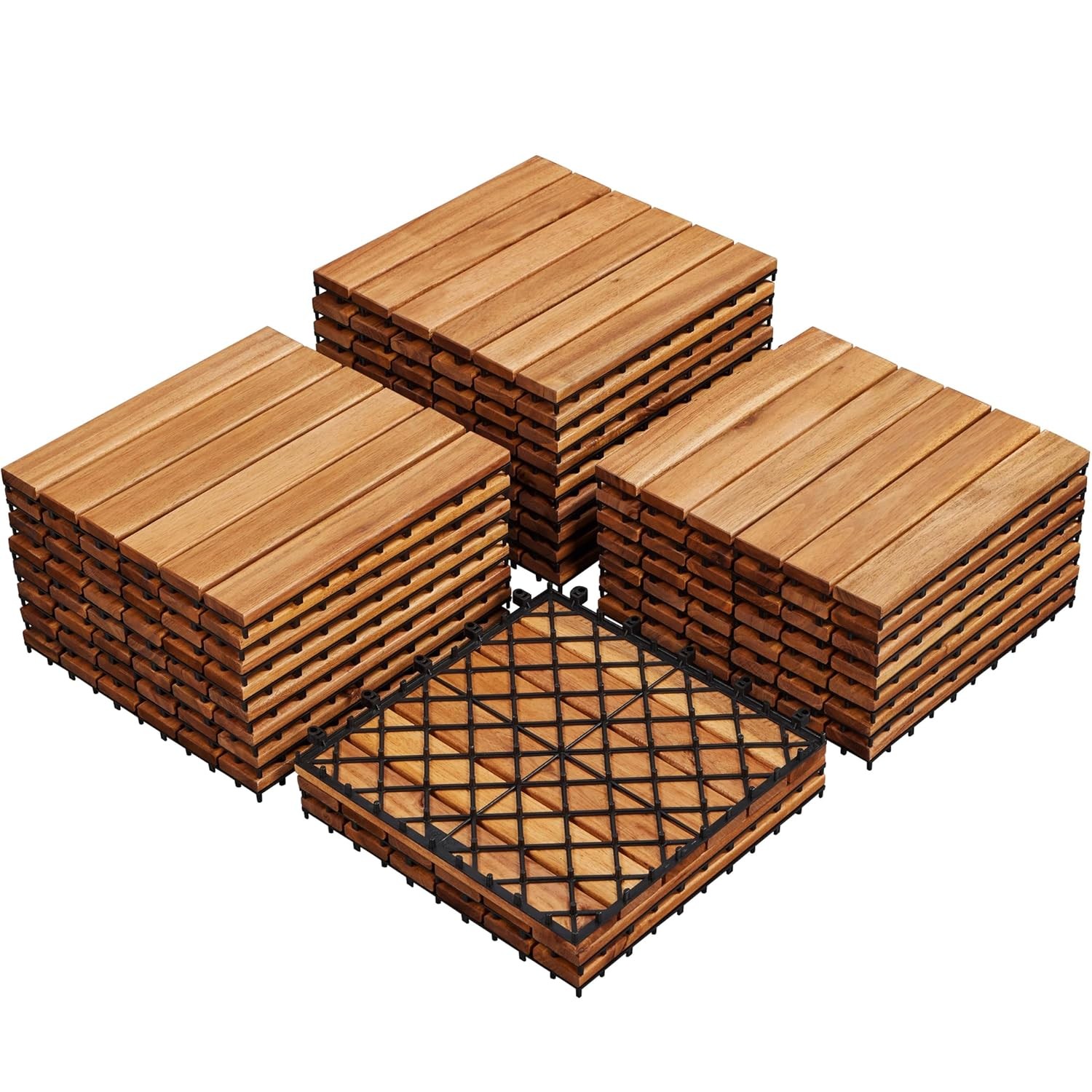 Interlocking Acacia Wood Flooring Tiles 12×12 Inch Waterproof 27-Pack for