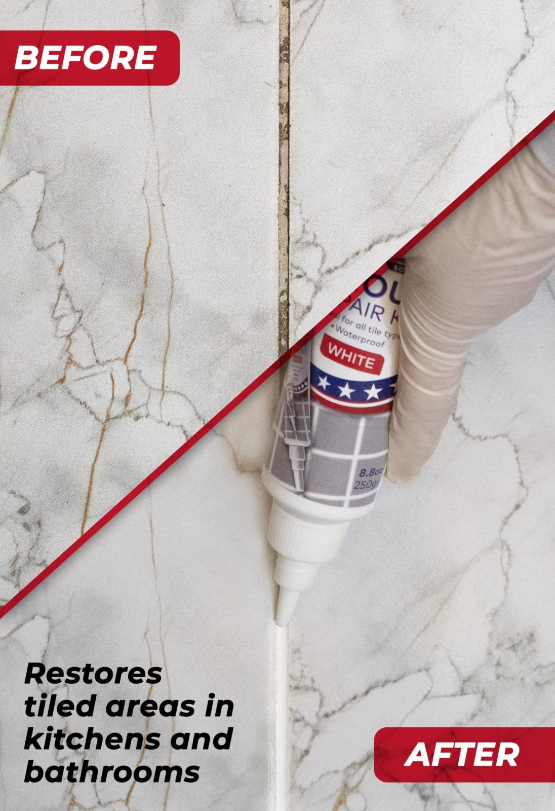 Fast Drying Tile Grout Repair Kit – 8.8 oz Grout Filler & Sealer for Gaps & Join