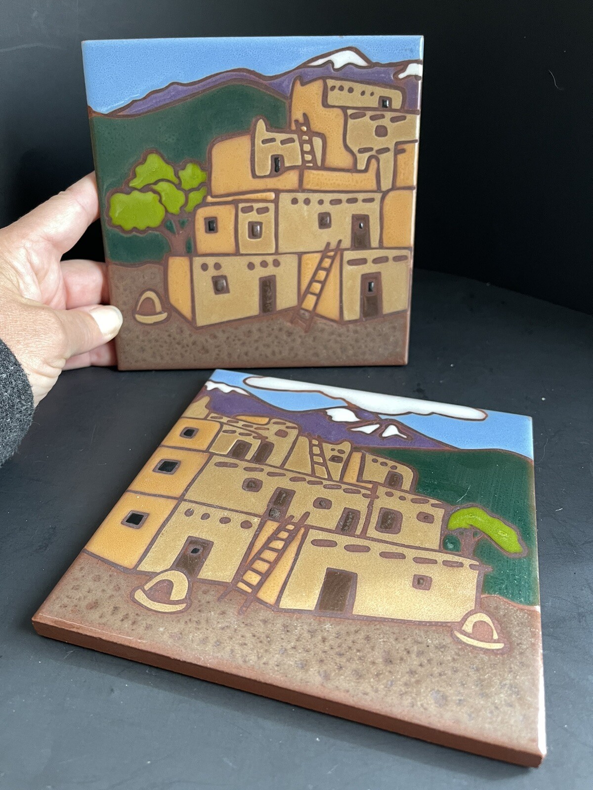 Vtg Ceramic Tile Sima Ceramiche Italy House Set Of 2 Hand painted 6” Terracotta