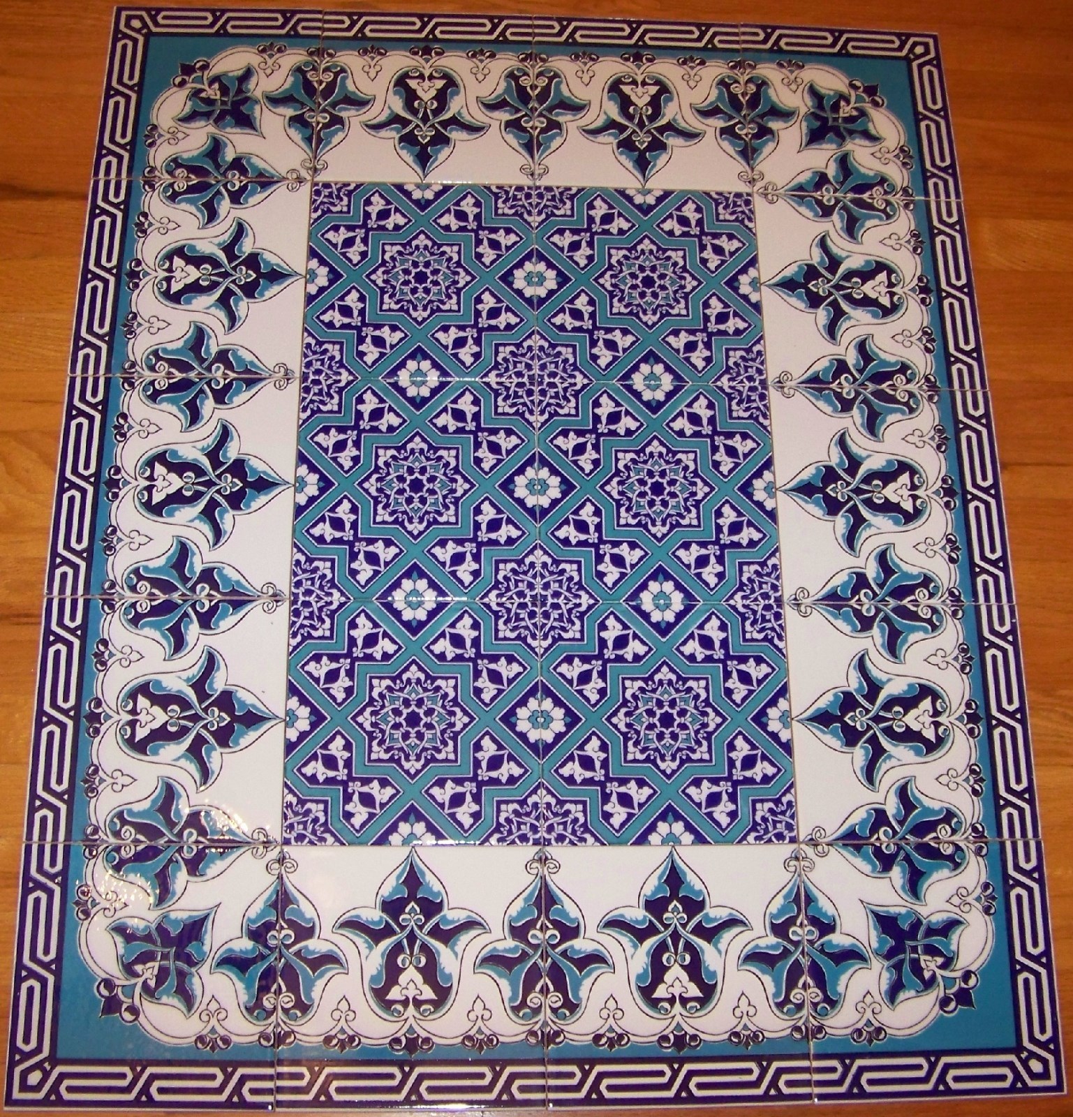 Blue & White Iznik Floral Pattern Border 40″x32″ Ceramic Tile Panel Mural
