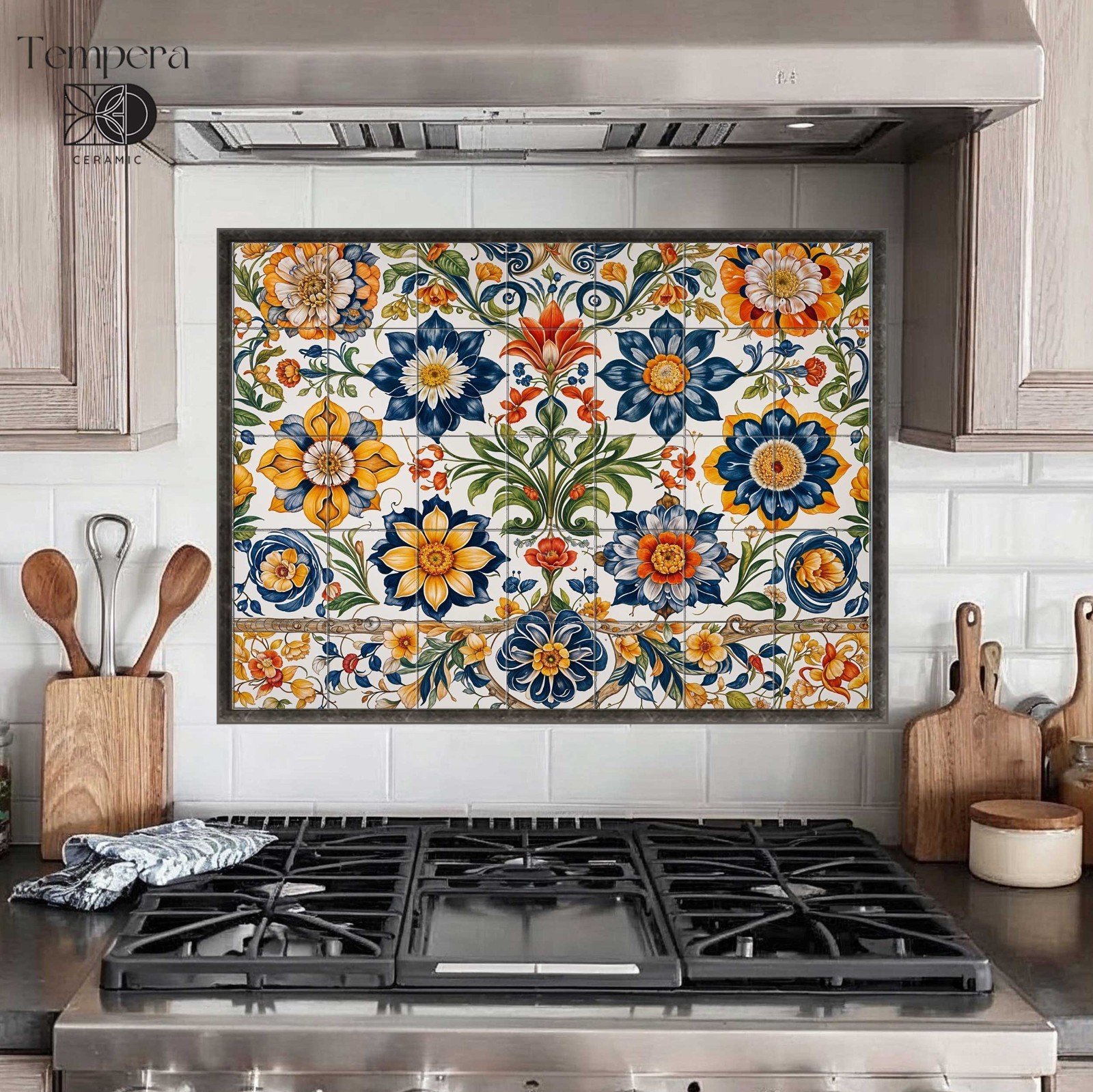 Mexican style ceramic tiles, backsplash tiles, floral tile pattern, stove tiles