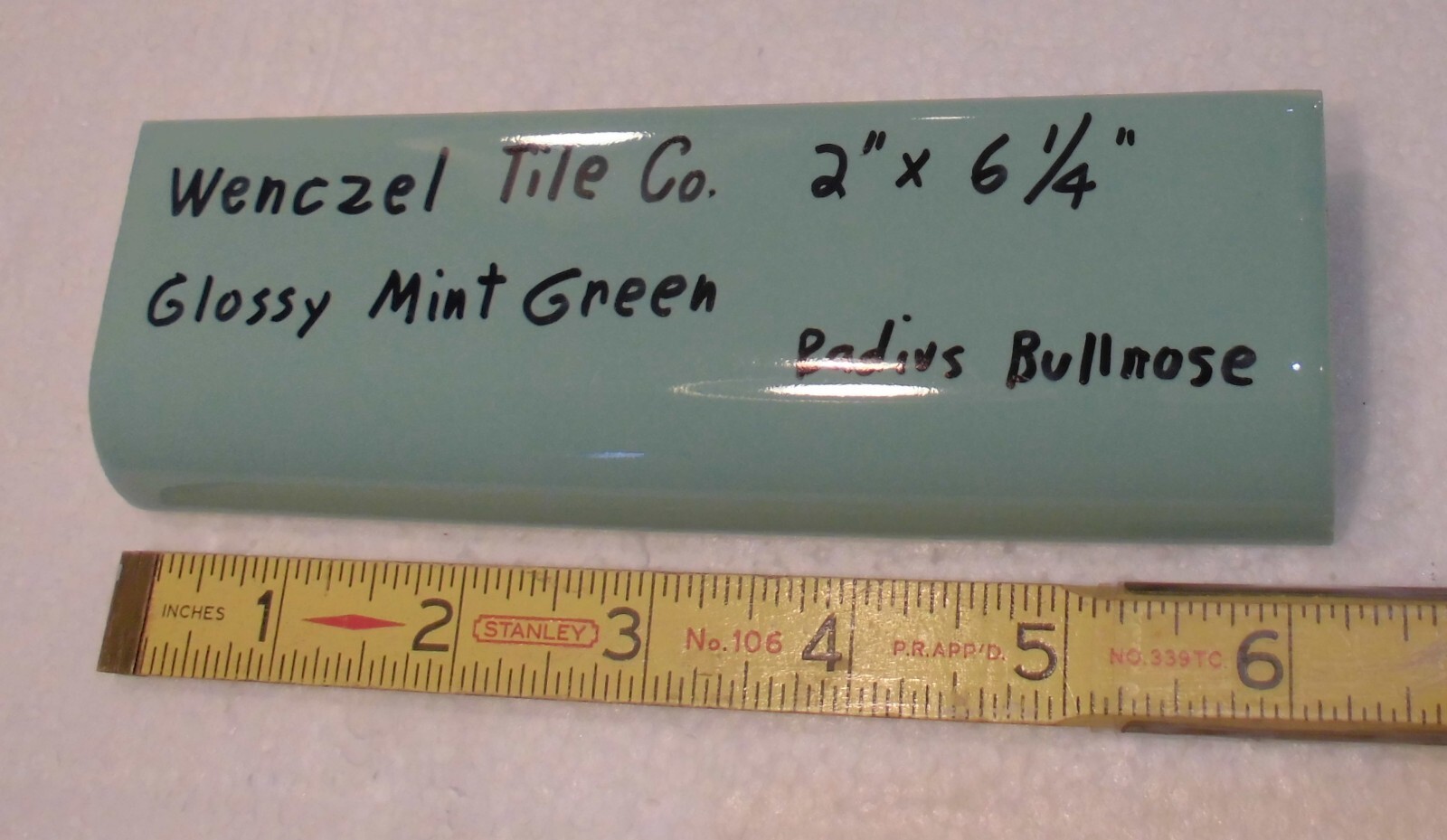 1 pc. Mint Green: Glossy Ceramic Radius Bullnose Tile: Wenczel Co. 2″ X 6-1/4″