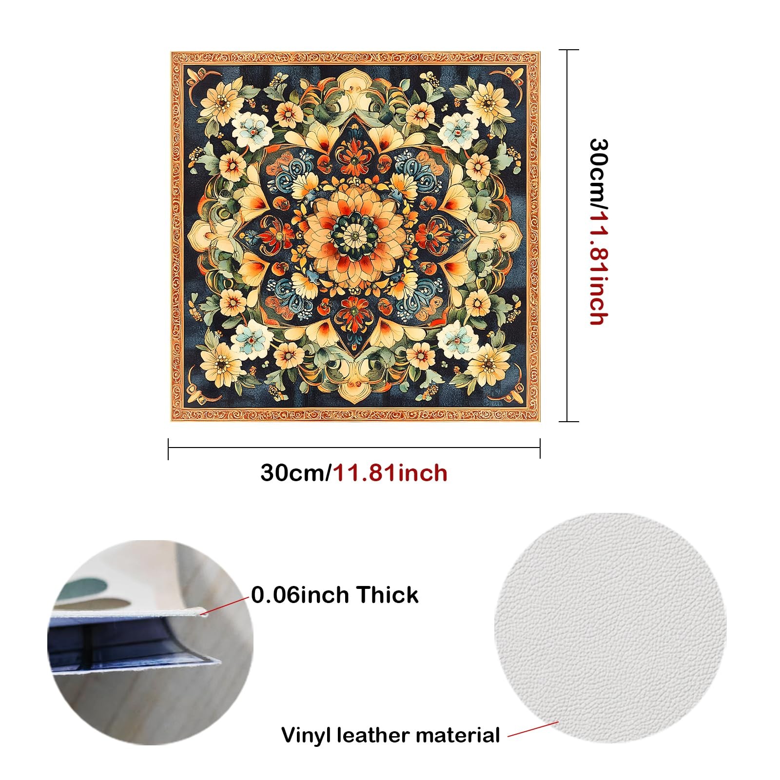 10 Pack Peel Stick Vinyl Floor Tiles 11.8×11.8 Inch Mandala Floral Pattern