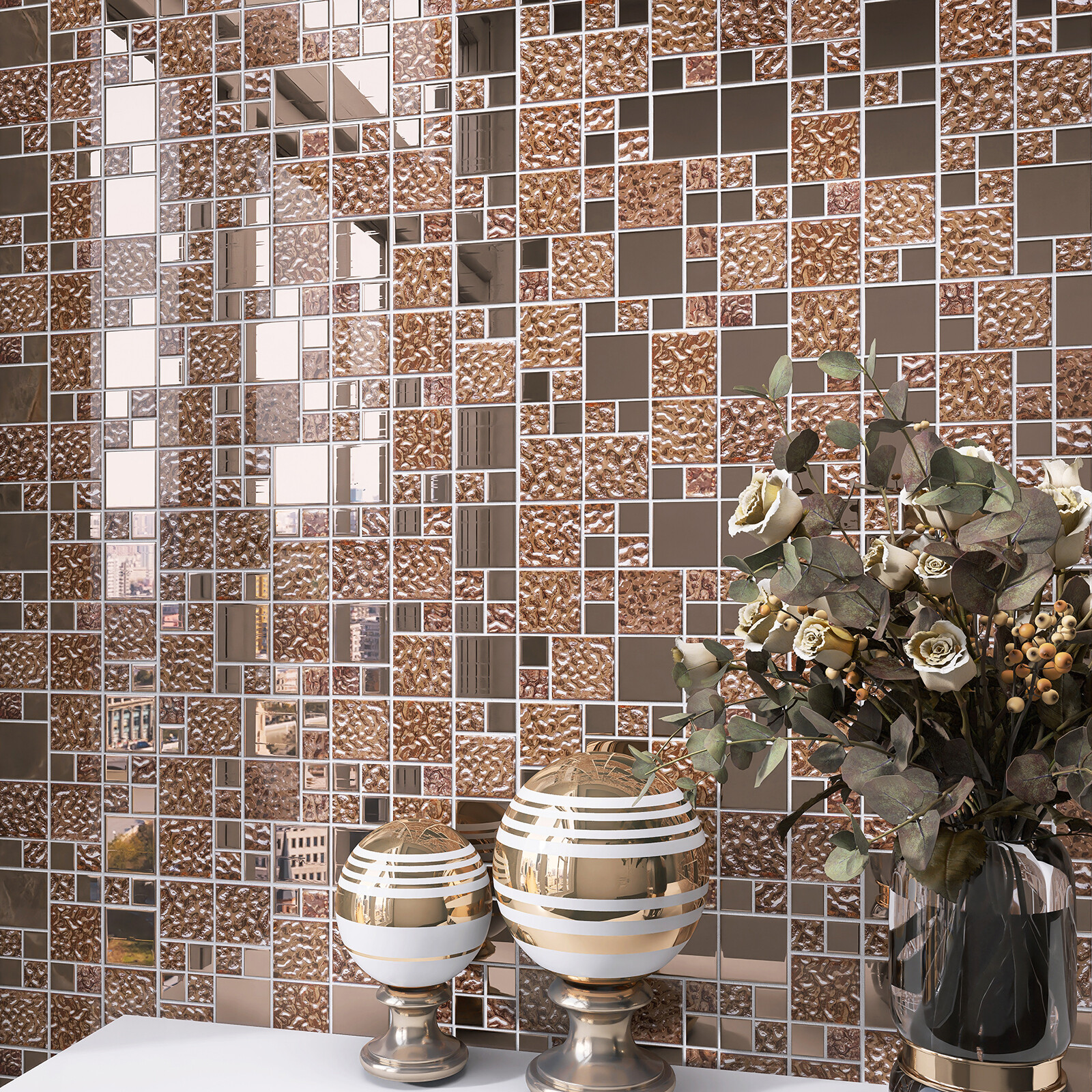 Copper Metal Pattern Textured Glass Mosaic Tile Kitchen Backsplash Wall